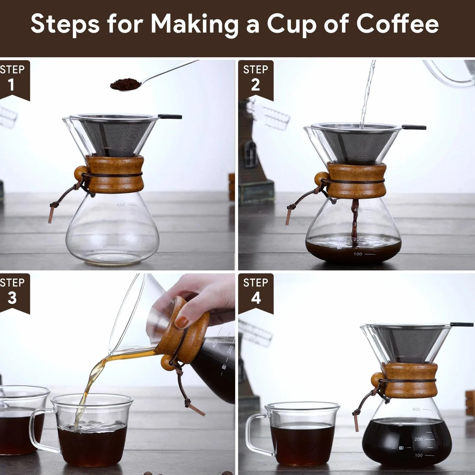 Ekspres do kawy Pour Over Coffee Maker Dripper Manual, Over Ekspres do kawy z filtrem trwałym, nadaje się do mycia w zmywarce, 3 filiżanki, 400 ml