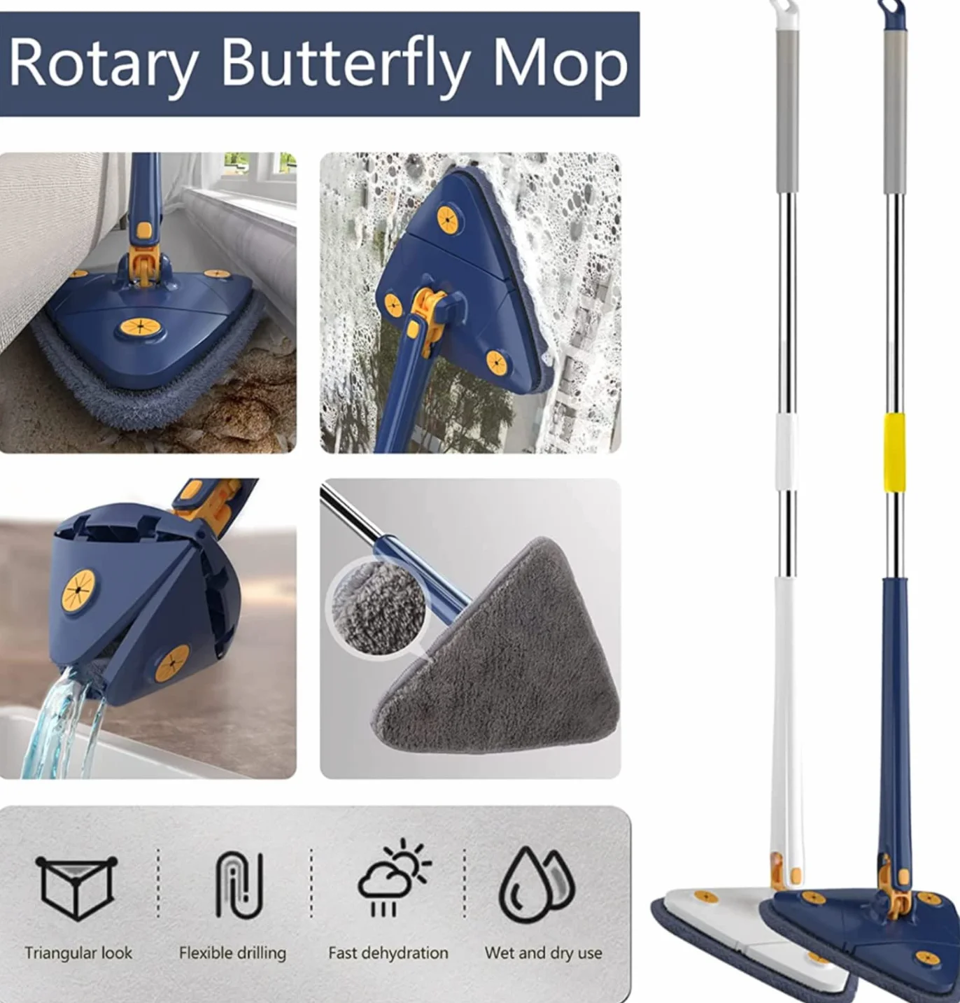Earnmore Trójkątny mop czyszczący o 360 stopni, trójkątny mop teleskopowy, obrotowy, regulowany, wielofunkcyjny, automatyczny mop do wyciskania (niebieski + 6 padów)