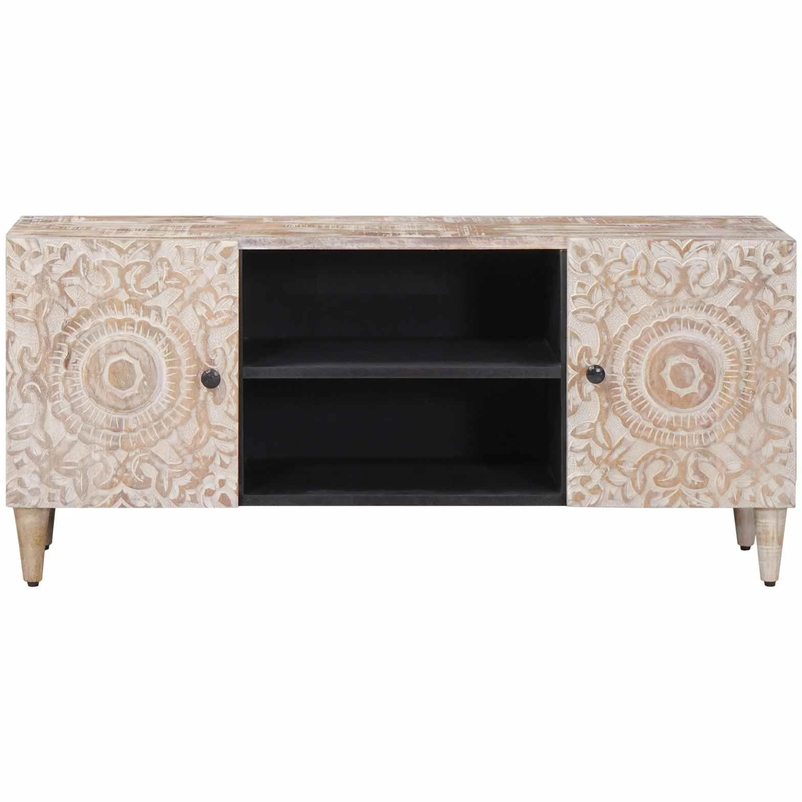 Szafka TV biała z litego drewna mango, 105 x 33,5 x 46 cm, z miejscem do przechowywania i półką do salonu, kina domowego, telewizora, odbiornika, konsoli do gier i akcesoriów