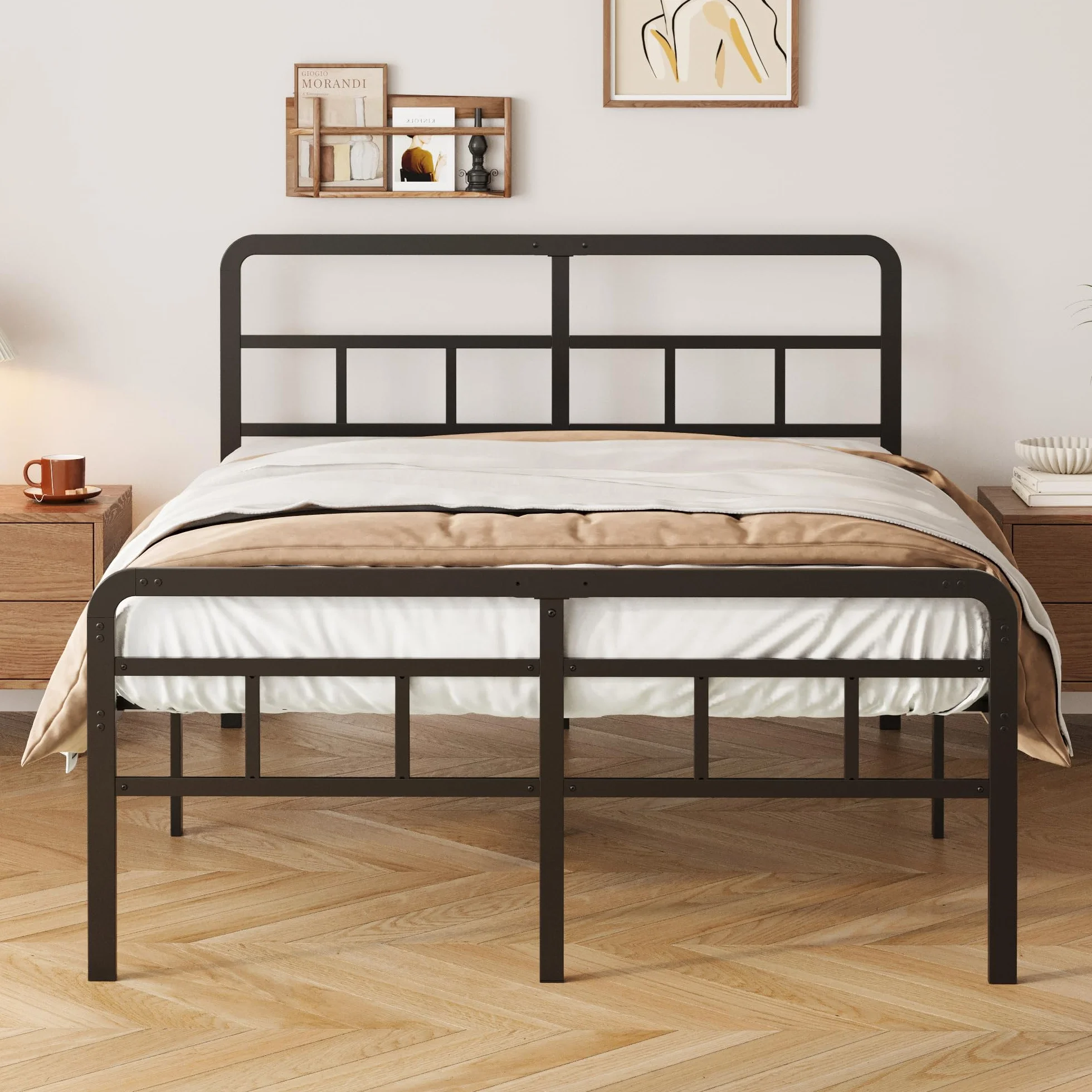Yicensen Metalowa ramka łóżka 140x200 cm z zegarzkiem i poduszkiem łóżka, ramka metalowa o wysokości 46 cm z mocnym wspornikiem, miejsce na magazynowanie pod łóżkiem