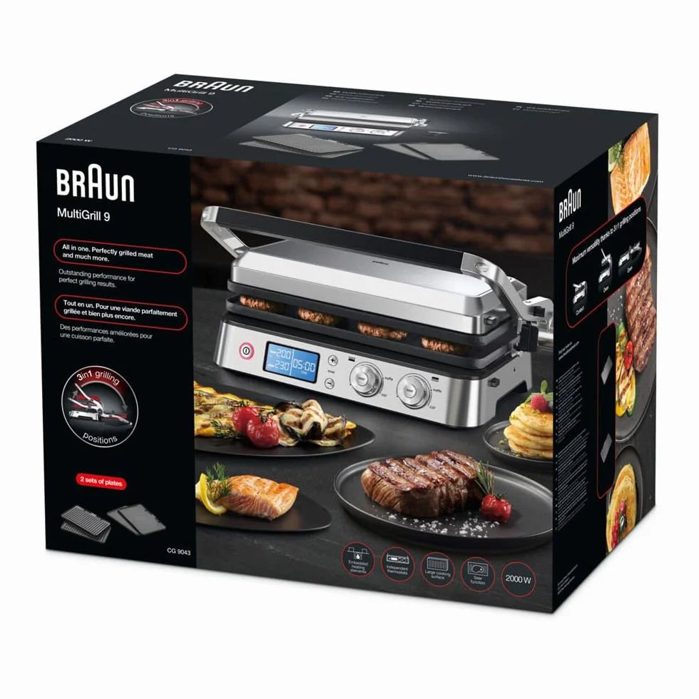 Braun MultiGrill 9 CG 9043 Grill kontaktowy, w zestawie Płyty do grillowania i płaskiego, pozycje grilla: kontakt, grill, piekarnik, płyty odporne na zmywarkę, pojemnik na tłuszcz, maksymalna