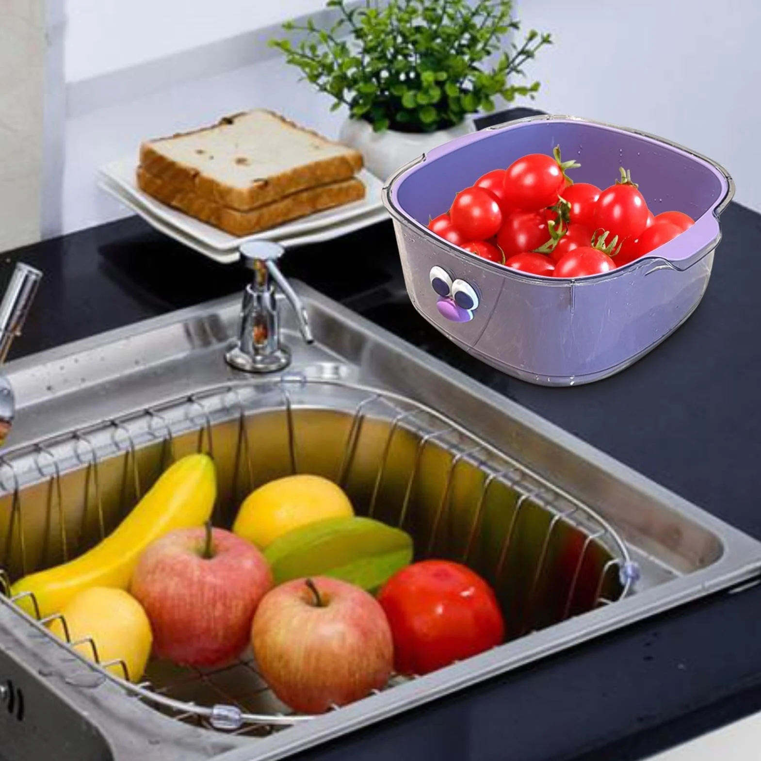 Zestaw durszlaków kuchennych – 2 w 1 umywalka odpływowa do żywności, dwuwarstwowe sitka do owoców, warzyw, makaronu, sałatki, ryżu, mycia jagód, akcesoria kuchenne