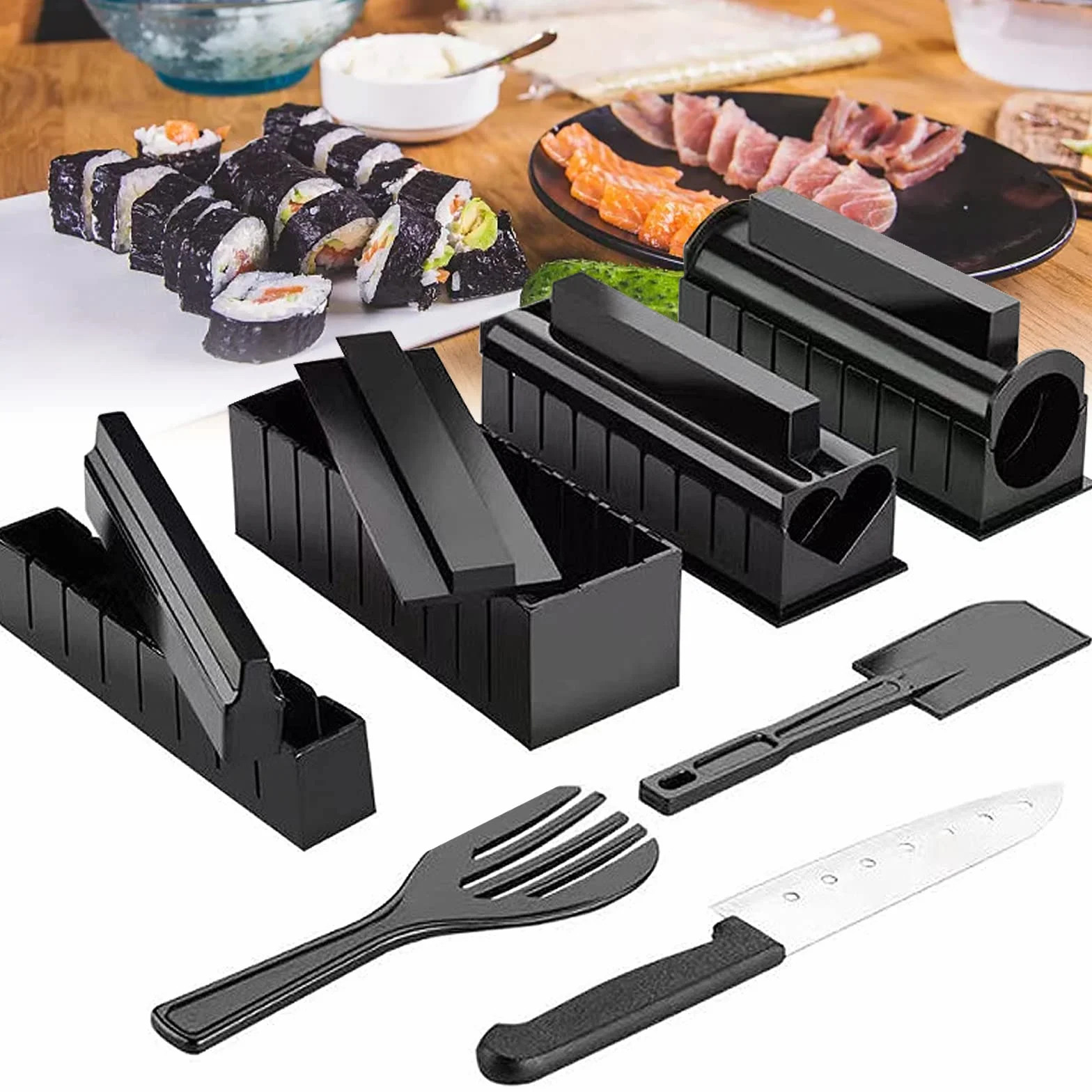 Domowy zestaw do robienia sushi, zestaw 11 sztuk z 8 rolkami do ryżu, widelcem, szpatułką, nożem - łatwy do czyszczenia i użytkowania, można myć w zmywarce do kuchni