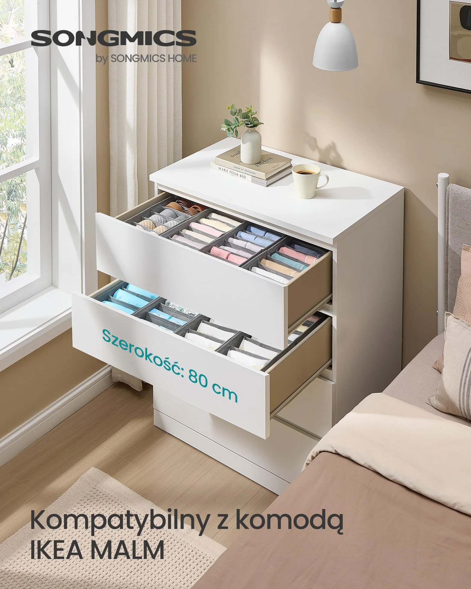 SONGMICS Zestaw 4 organizerów na bieliznę, organizer do szuflady do komód IKEA HEMNES i MALM, z przegródkami, składany organizer do szafy, 40 x 16 x 10 cm na skarpetki, gołębi szary RUS014G01