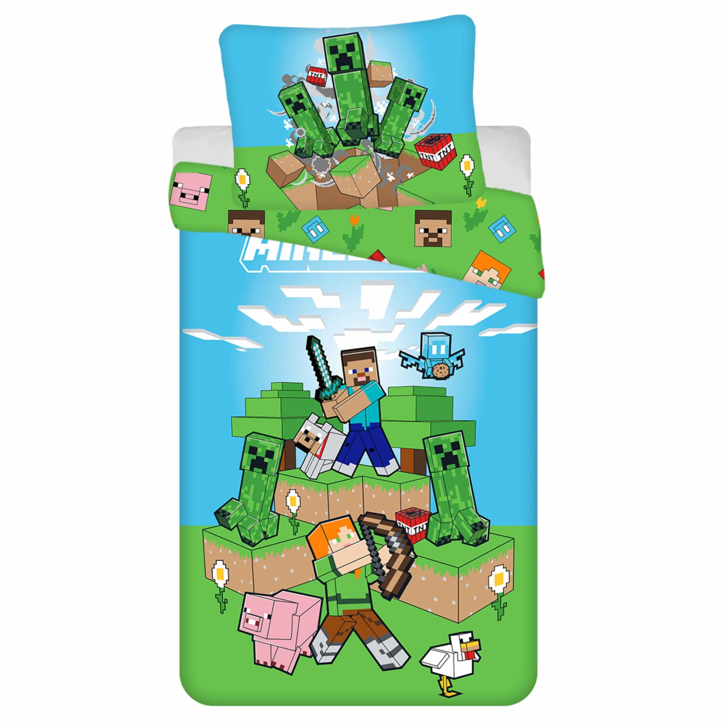 Minecraft Komplet dwustronnej pościeli dziecięcej, poszwa na kołdrę 140 x 200 cm, poszewka na poduszkę 70 x 90 cm, z zamkiem błyskawicznym, 100% bawełny, Öko-Tex Standard 100, dla chłopców i