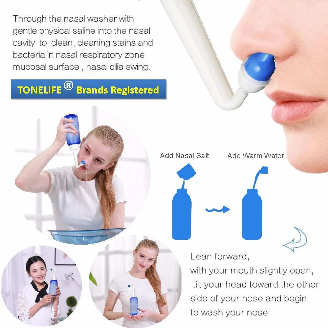 Neti Pot-2 botellas+4 boquillas+spray nasal (solo botella) -300 ml Neti Pot Sinus Rinse Kit de enjuague para senos nasales -Limpiador de nariz y riego sinusal -Pulverizador nasal bloqueado de nariz
