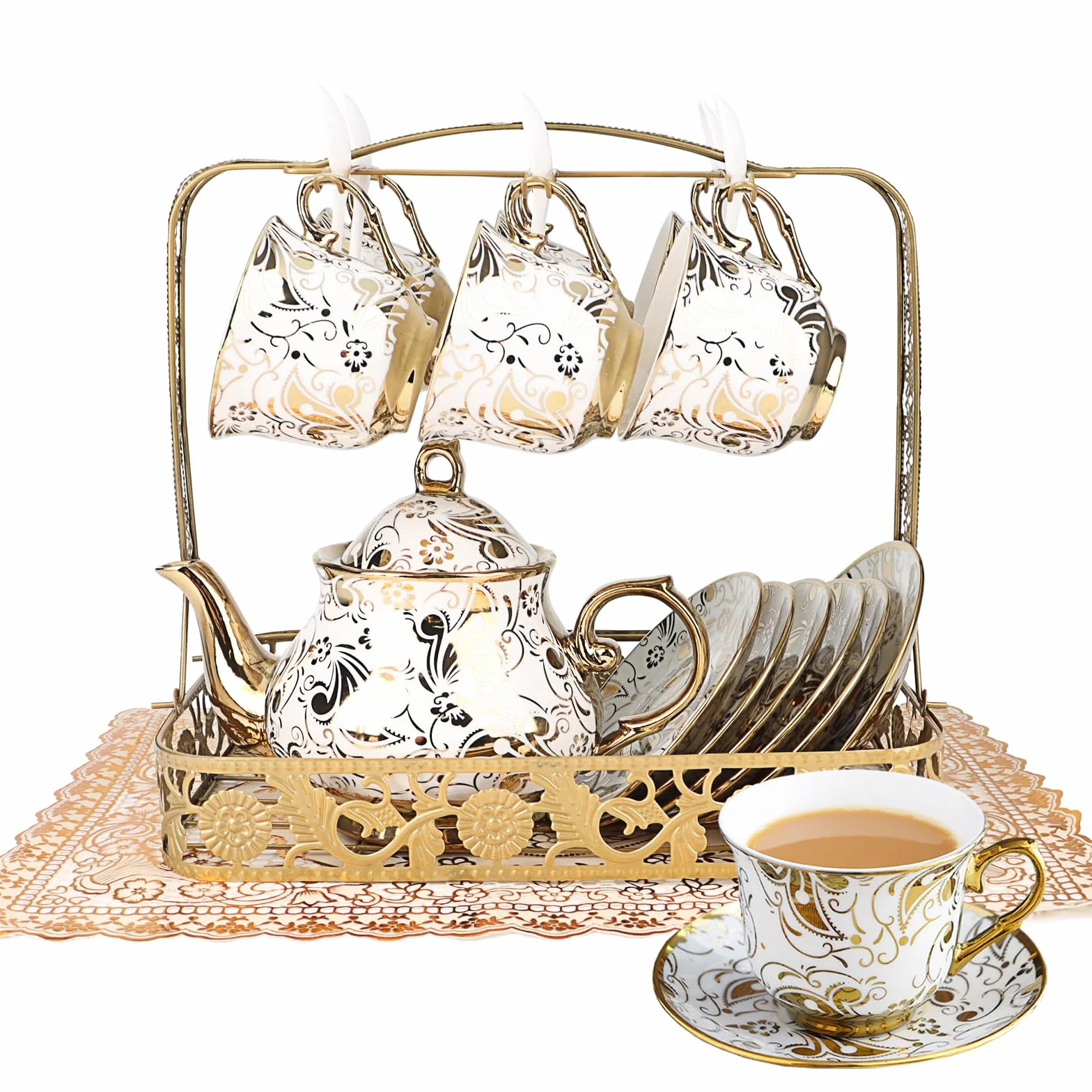 20-częściowy porcelanowy zestaw do herbaty z metalowym uchwytem, europejski ceramiczny zestaw do herbaty dla dorosłych kobiet, czajniczek o pojemności 1000 ml, piękny zestaw filiżanek do kawy i herb