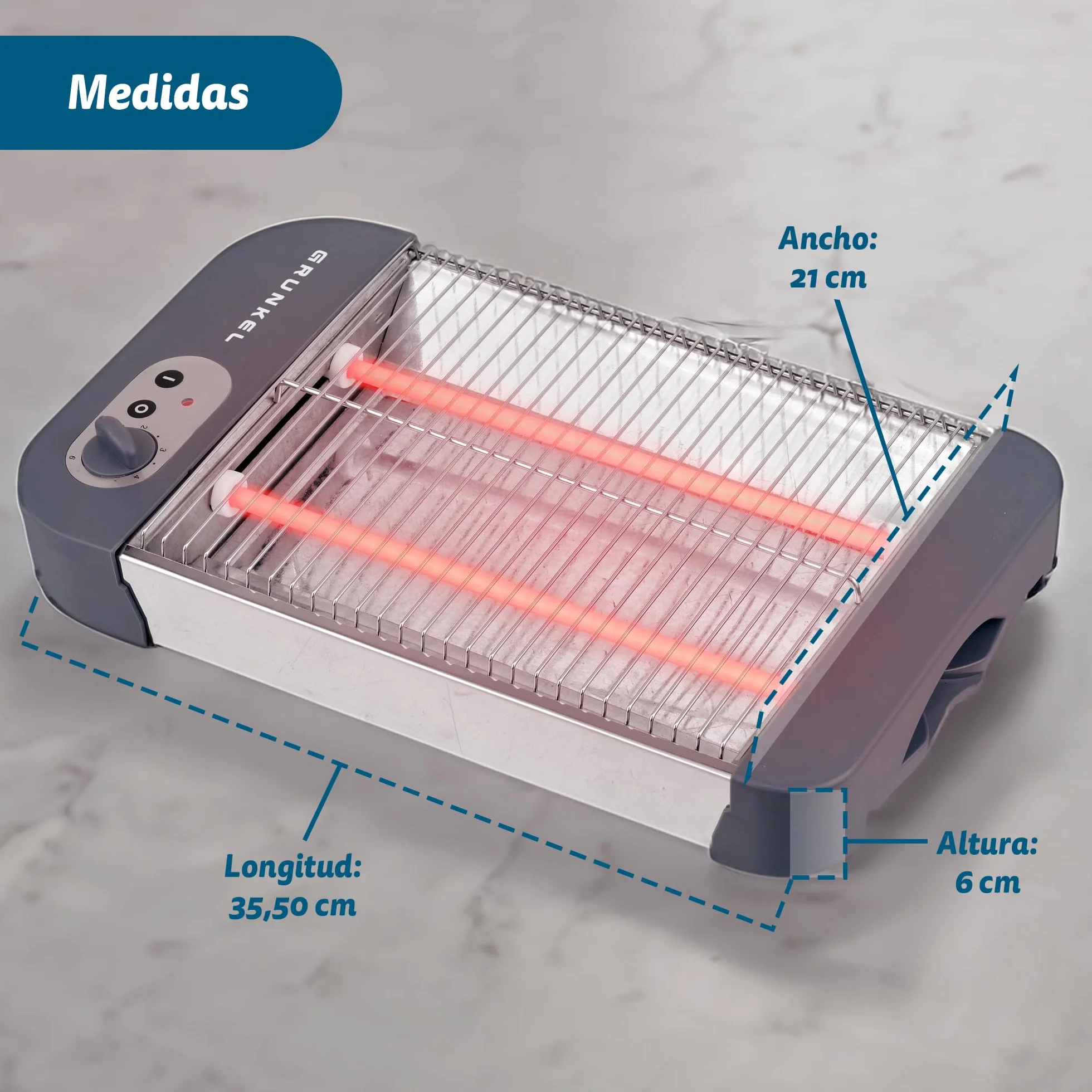 Grunkel - Płaski toster do wszystkich typów głowic i pieczonych potraw o mocy 600 W, timer z 6 poziomami i crumbą, model TSP-G2