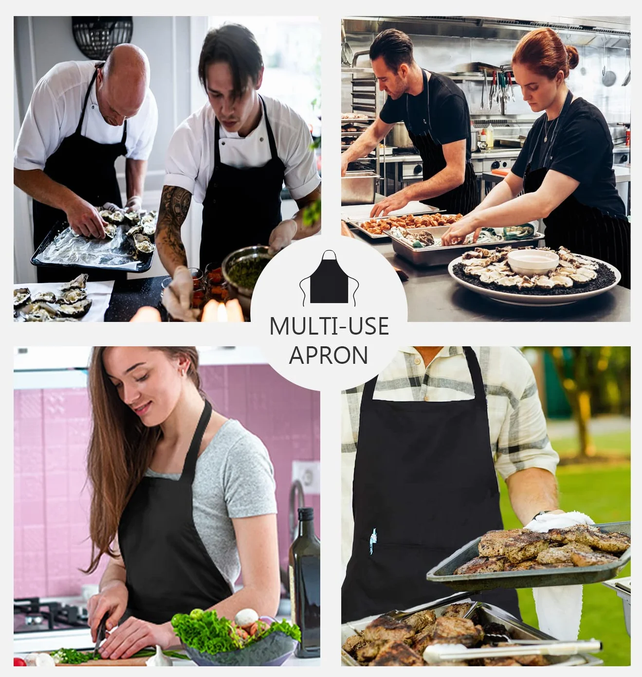 ILLUVA Fartuch kuchenny, wodoodporny fartuch szefa kuchni z kieszeniami, czarny fartuch do grillowania dla mężczyzn