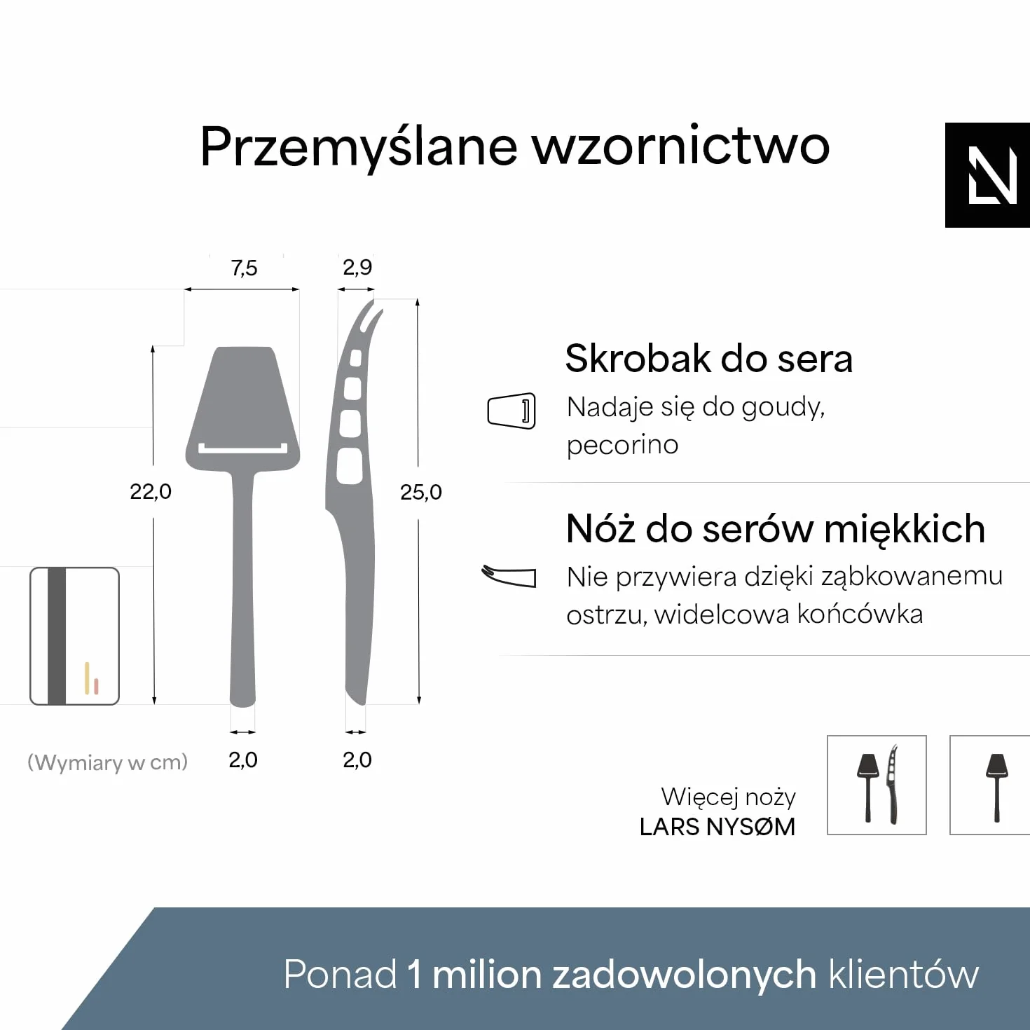 LARS NYSØM Zestaw krajalnicy i noży do sera 2 szt. I Zestaw noży do sera i krajalnica ze stali nierdzewnej (Stainless Steel)