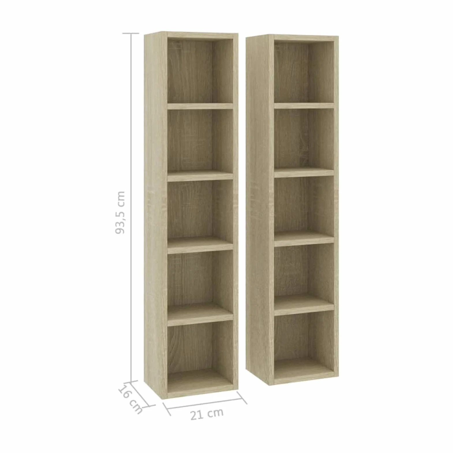 Sonoma dębowa szafka na płyty CD, 2 sztuki, 21 x 16 x 93,5 cm, drewno wielowarstwowe, regał modułowy, klasyczna szafka na płyty CD, regulowane przegródki drewniane
