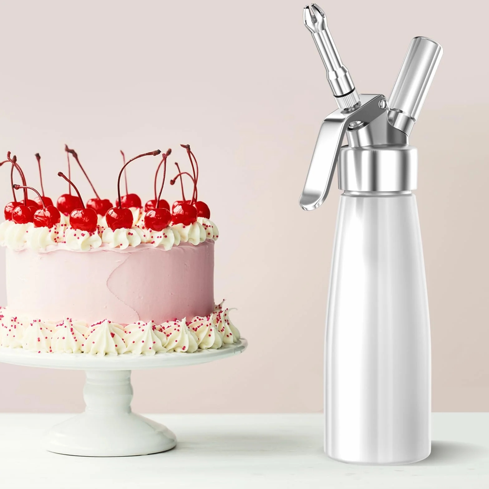Newaner Syfon do bitej śmietany 500 ml, z aluminium, z 3 końcówkami ze stali nierdzewnej, 1 szczotka do czyszczenia, do dekoracji tortów urodzinowych, ciast, lodów i deserów