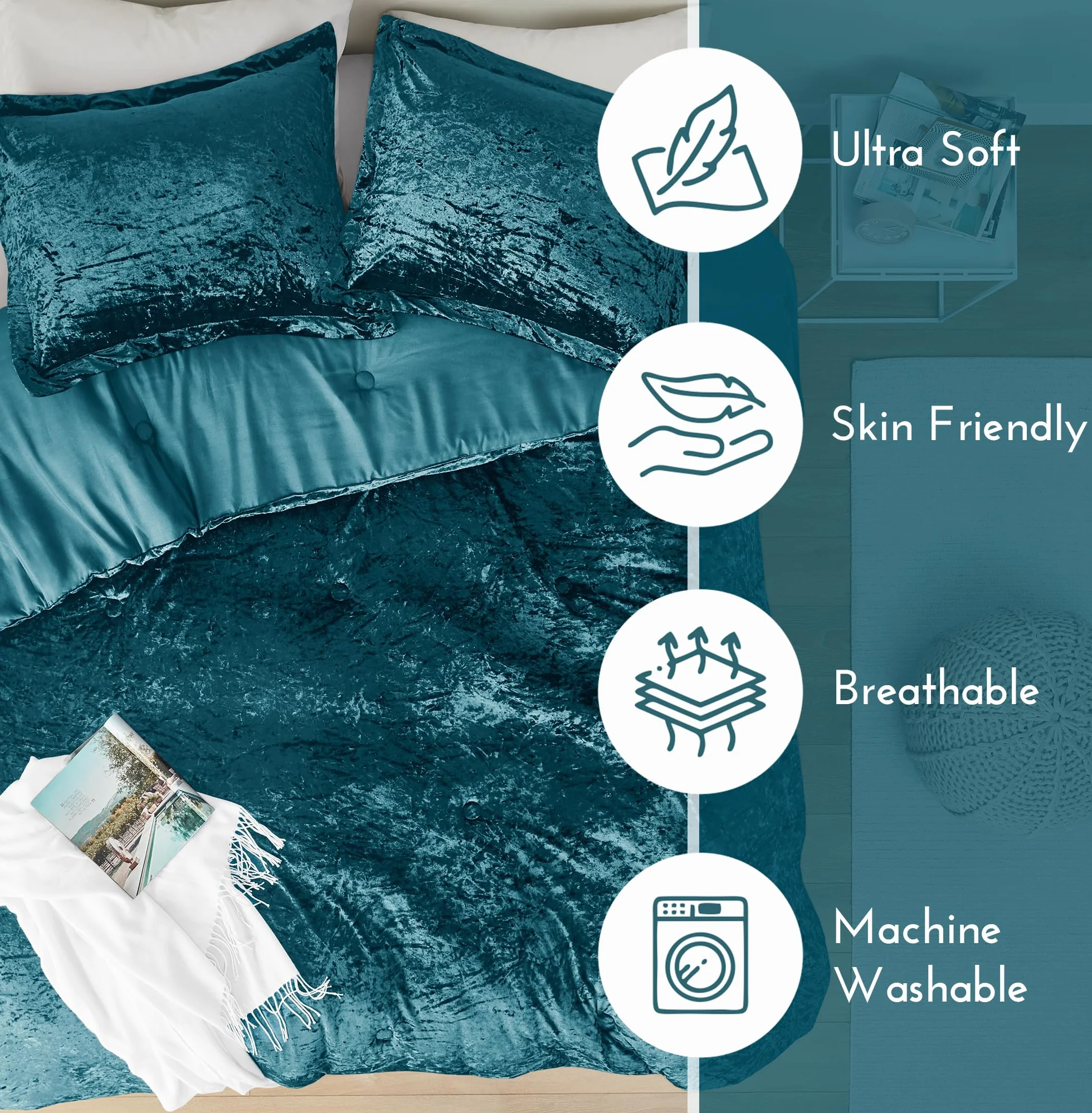Comfort Spaces Juliette Luxe zestaw pościeli aksamitna mikrofibra 3-częściowy turkusowy