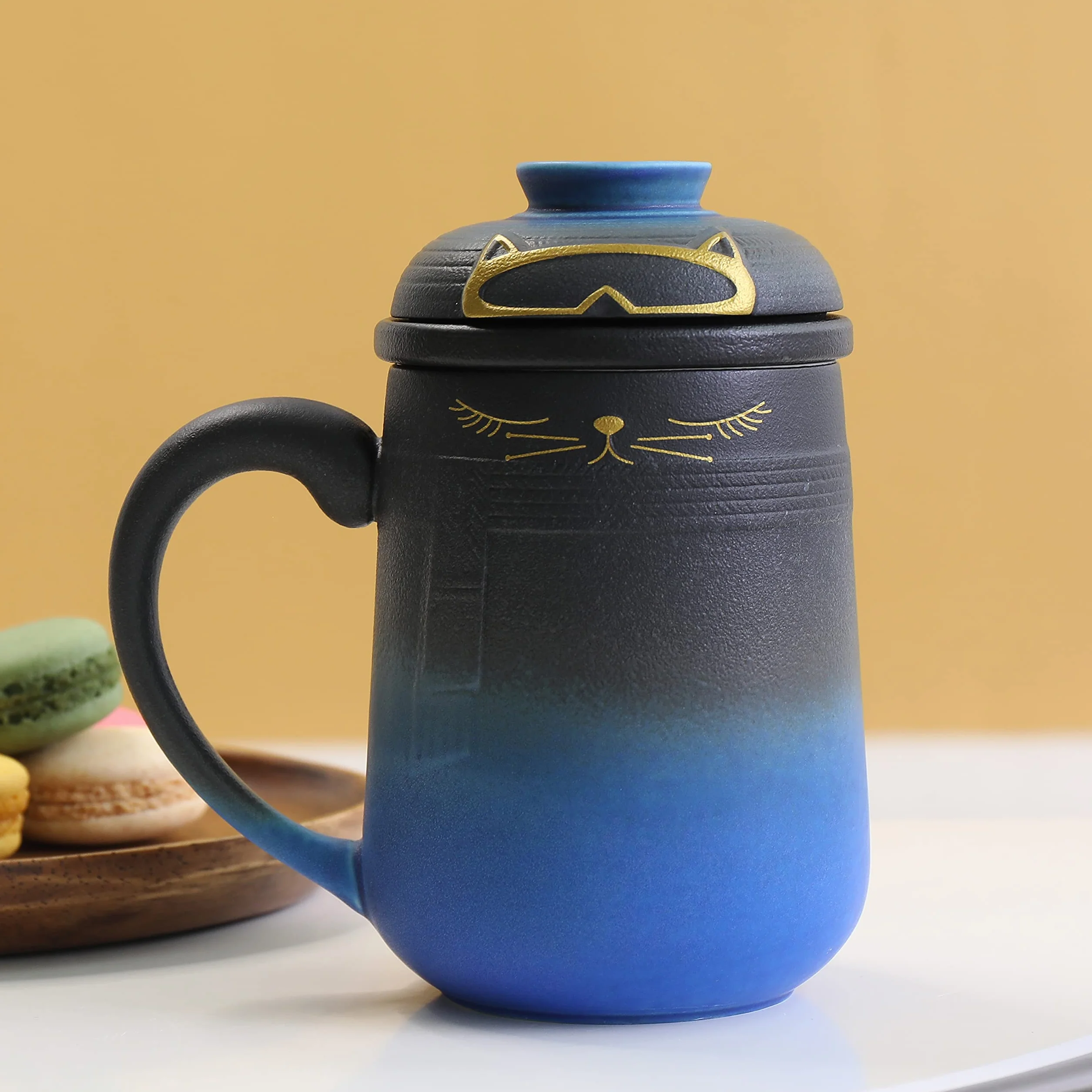 TEANAGOO Ceramiczny kubek zaparzający dla kota z pokrywką, 460 ml, gradient niebieski do czarnego, duży japoński zestaw filiżanek do herbaty, szklany kubek z dyfuzorem herbaty japoński kubek do kawy