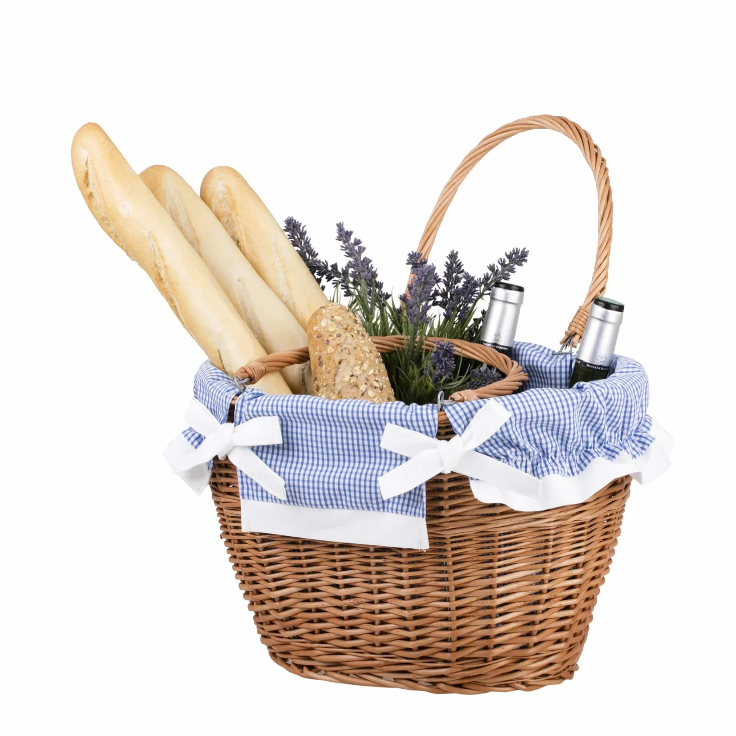 Koszyk na zakupy z wikliny, w naturalnym kolorze, owalny, koszyk z pałąkiem z przyozdobieniem, koszyk na prezent