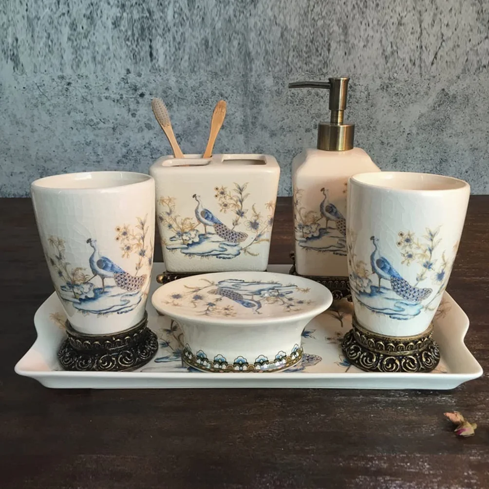 Zestaw do mycia szczoteczek do zębów dla par Prezent Europejska ceramiczna łazienka Pięcioczęściowy zestaw łazienkowy do szczotkowania zębów