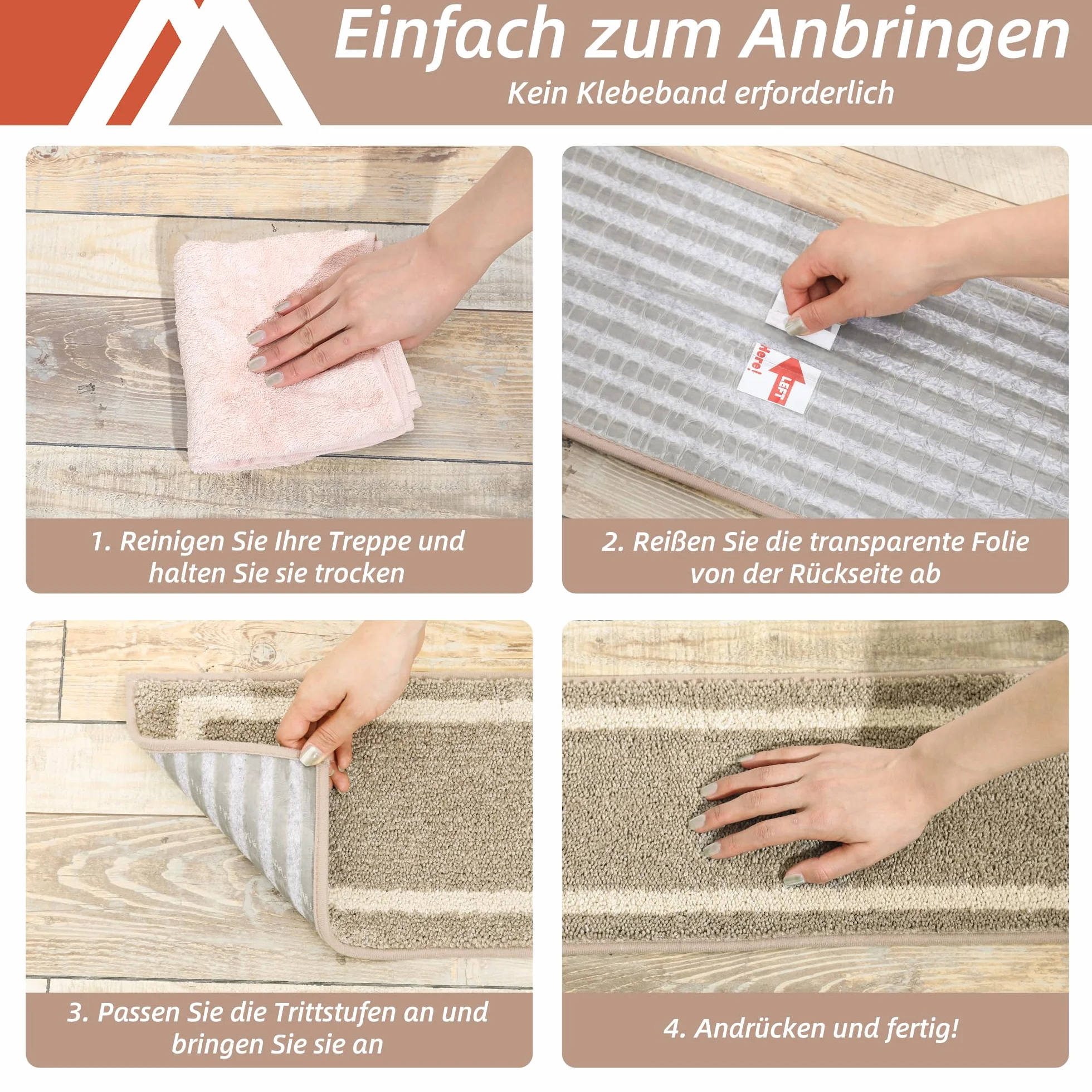 COSY HOMEER Maty na schody 70 x 22 cm (15 sztuk), maty na schody do wewnątrz, samoprzylepne, antypoślizgowe, maty na schody, można prać w pralce, 100% poliester, spód z TPE, beżowe