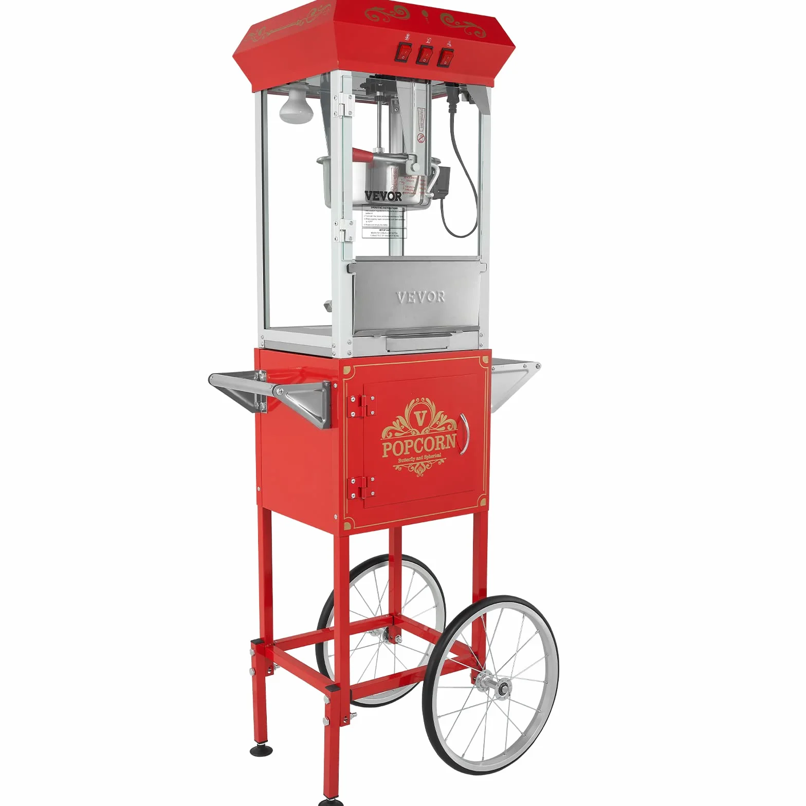 VEVOR Maszyna do popcornu z wózkiem 850 W, czajnik elektryczny do popcornu 0,22 kg na 48 filiżanek partii, maszyna do popcornu ze szkłem hartowanym, zawiera 4 miarki, styl kinowy