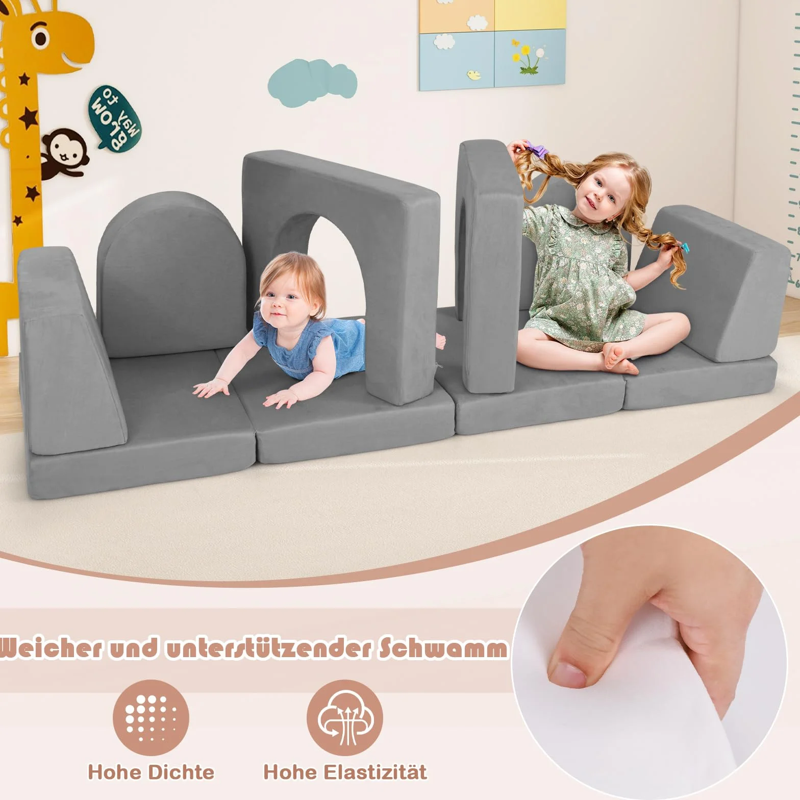 COSTWAY Sofa dziecięca 8-częściowa, sofa do zabawy z pianki z klocków z wygodnego zamszu, modułowa sofa do zabawy dla dzieci (szara)