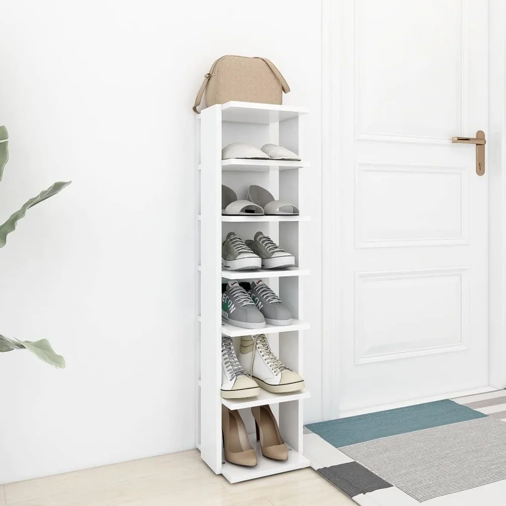 Szafka na buty, biała, 27,5 x 27 x 102 cm, materiał drewnopochodny z 6 półkami, organizer do przechowywania, regał na buty, komoda