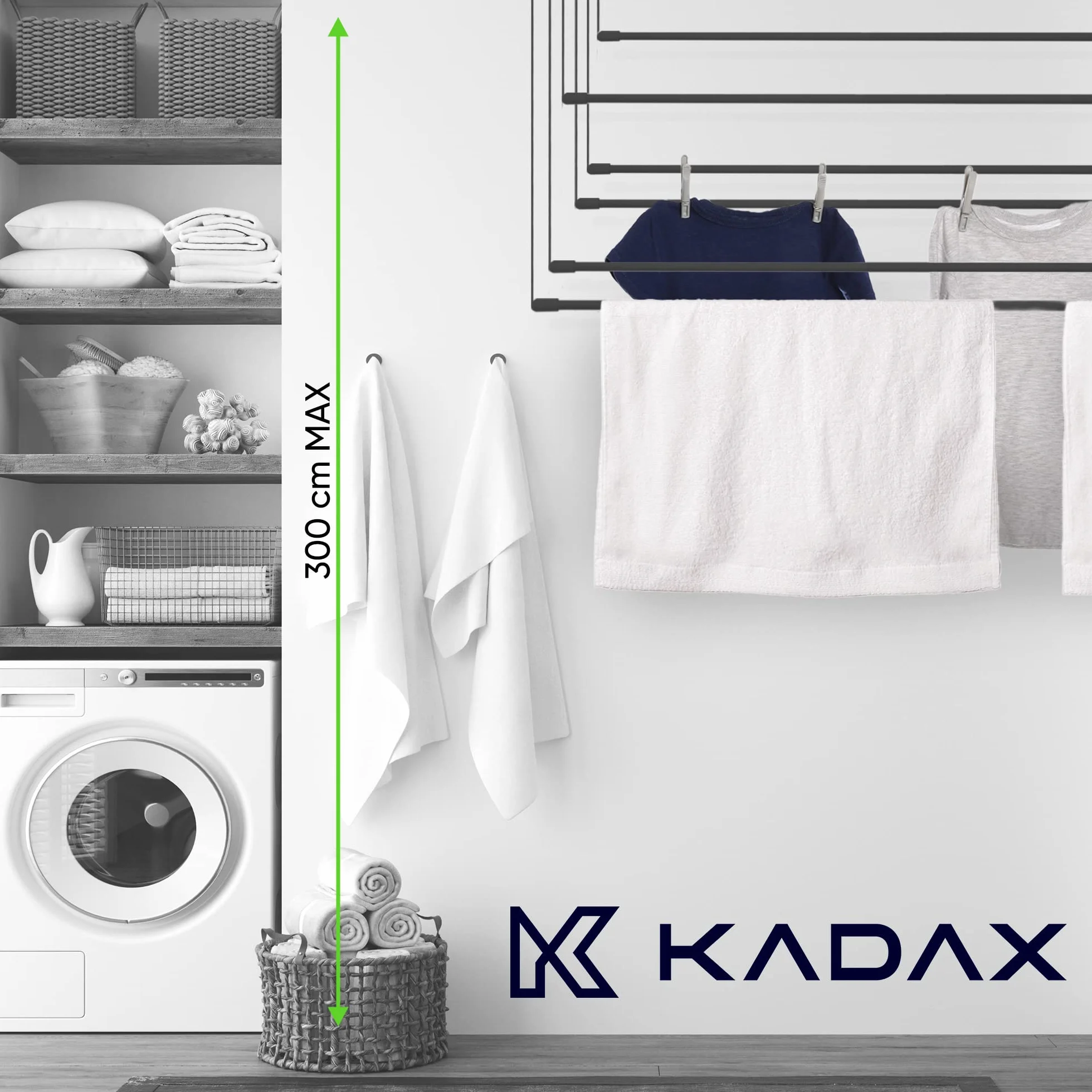 KADAX Suszarka sufitowa na pranie, 6 prętów 110 cm, udźwig 12 kg, czarna, stalowe pręty z powłoką PE, montaż sufitowy, oszczędność miejsca