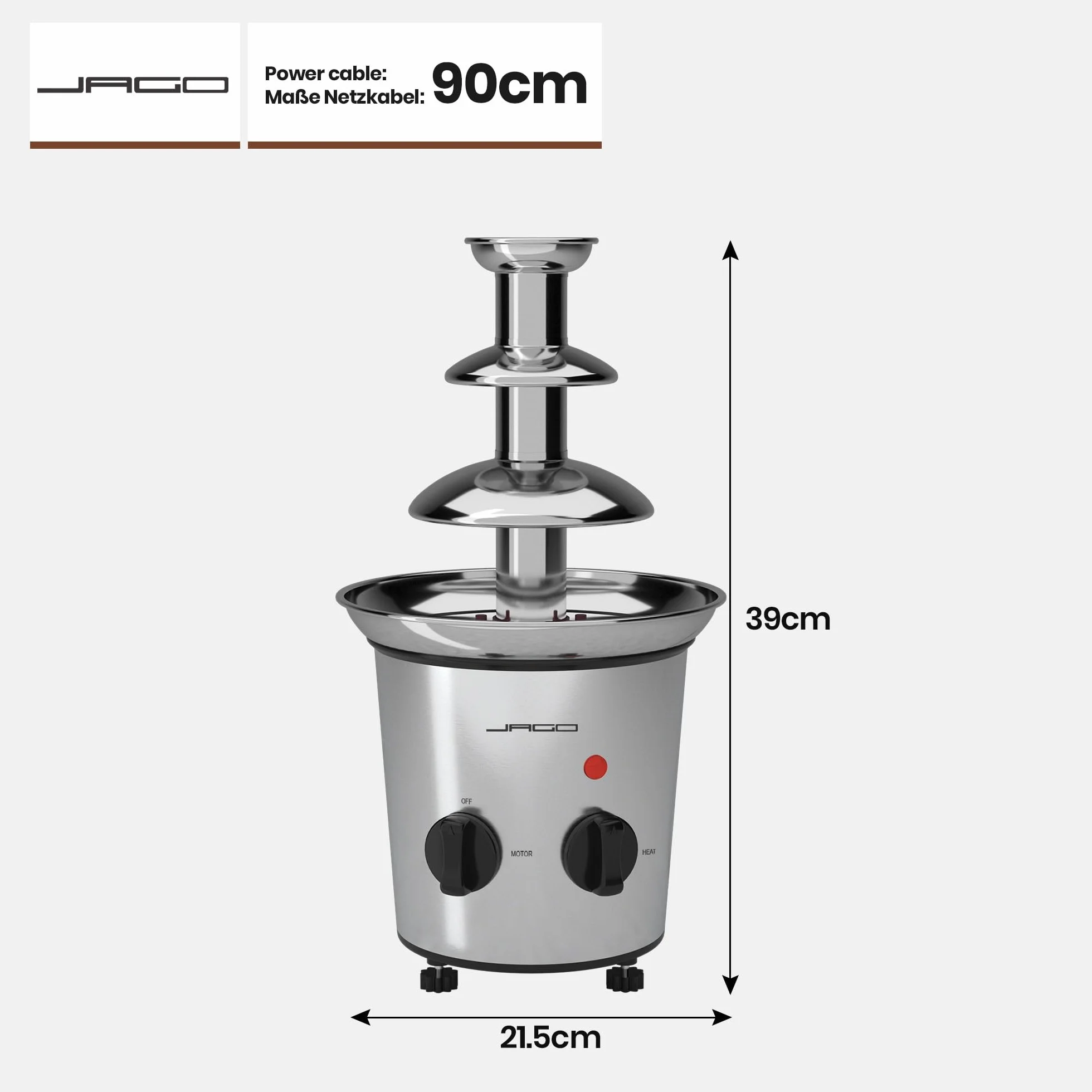 Jago® Fontanna czekoladowa 275 W – 3 poziomy, 1 kg, stal nierdzewna, zmywarka, srebrna – fondue, czekoladowe fondue