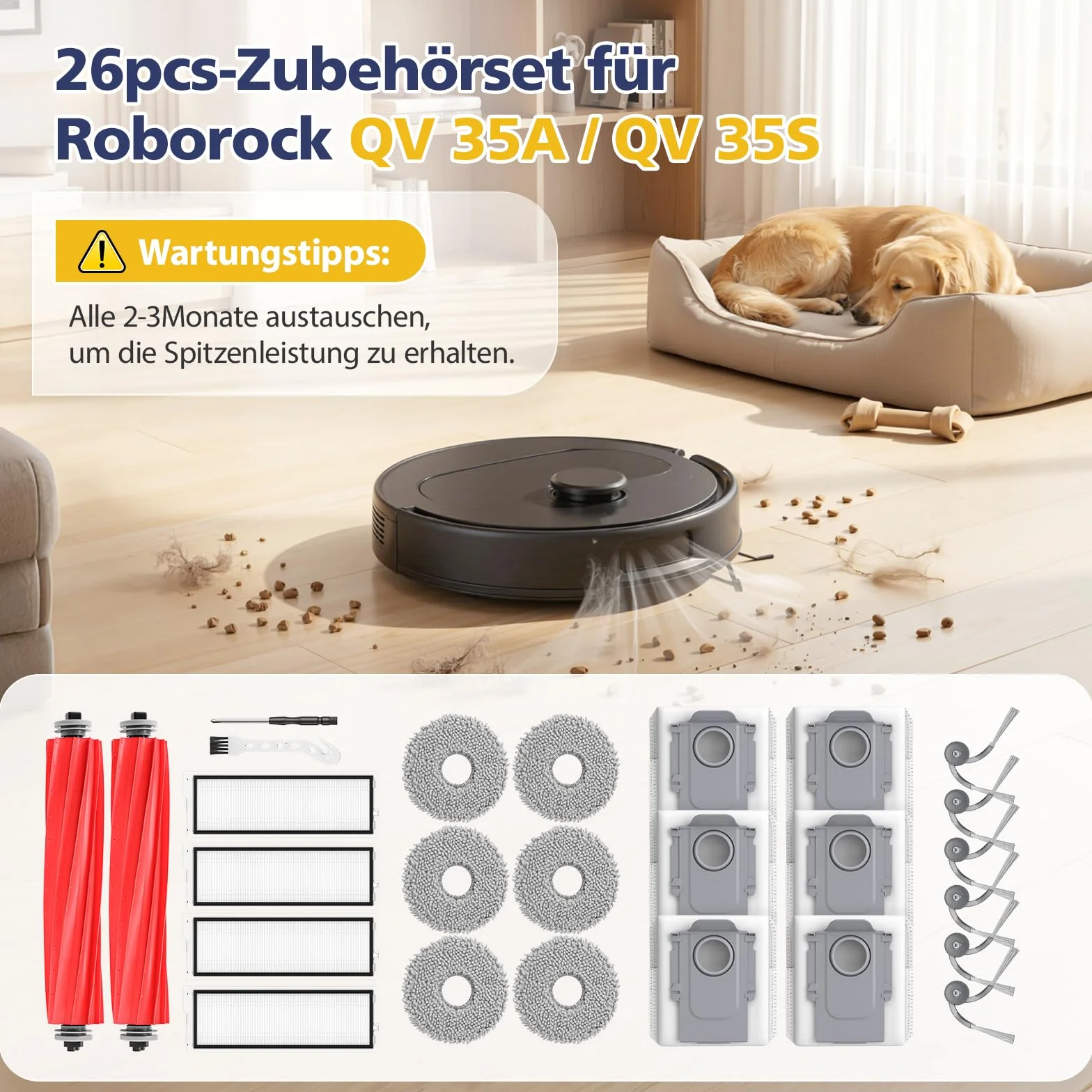 26 sztuk akcesoriów QV 35A do odkurzaczy robotów Roborock QV 35A/QV 35S / QR598 / QR798, 2 główne szczotki, 6 nakładek do nacierania, 6 worków na kurz, 4 filtry HEPA, 6 szczotek bocznych, 1 szczotka