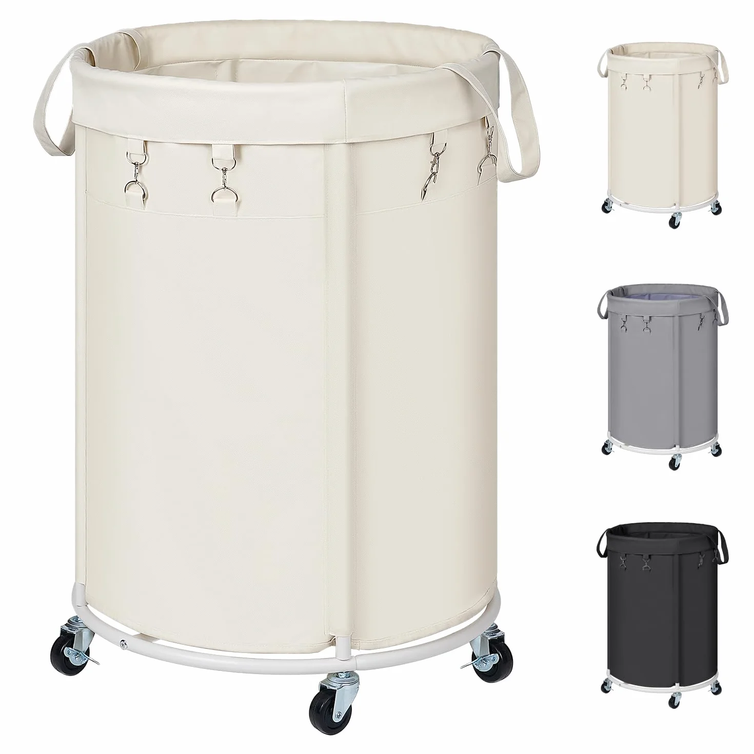 Kosze na pranie z rolkami, 150 l, duży kosz na pranie z metalową ramą i wodoszczelnym workiem, Laundry Baskets wózek na pranie do pralni, sypialni, łazienki, beżowy