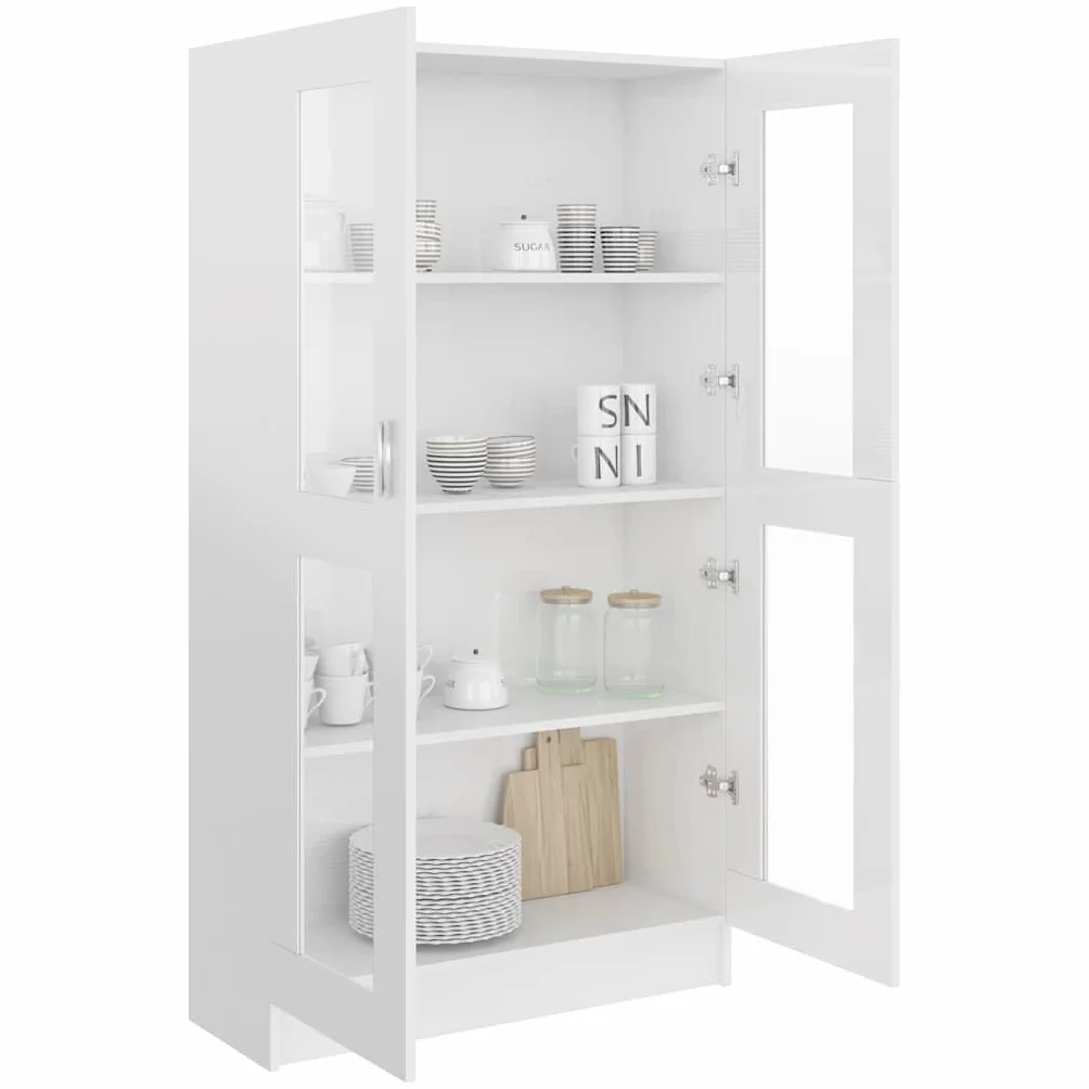 Szafa z witryny, wysoki połysk, biały, materiał drewnopochodny, 82,5 x 30,5 x 150 cm, z 4 półkami i 2 drzwiami, wolnostojąca, nie zajmuje dużo miejsca, do salonu, biura, sypialni, miejsca do