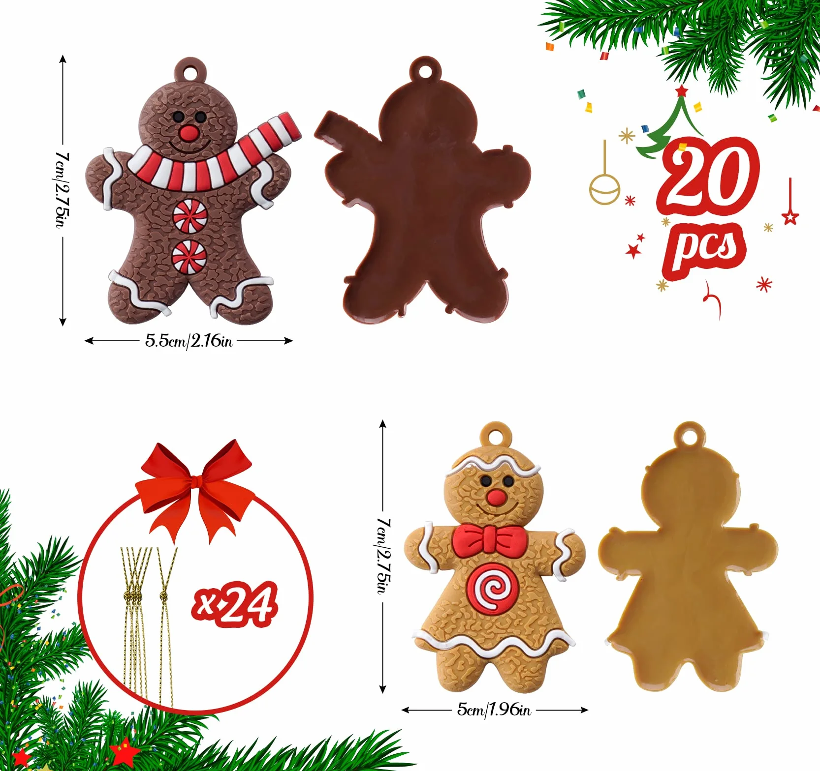 ilauke Świąteczne ozdoby choinkowe, 20 sztuk ozdób choinkowych k ludzik z piernika zawieszki ornament z 24 sznurkami, wiszące figurki piernikowe do ozdób choinkowych