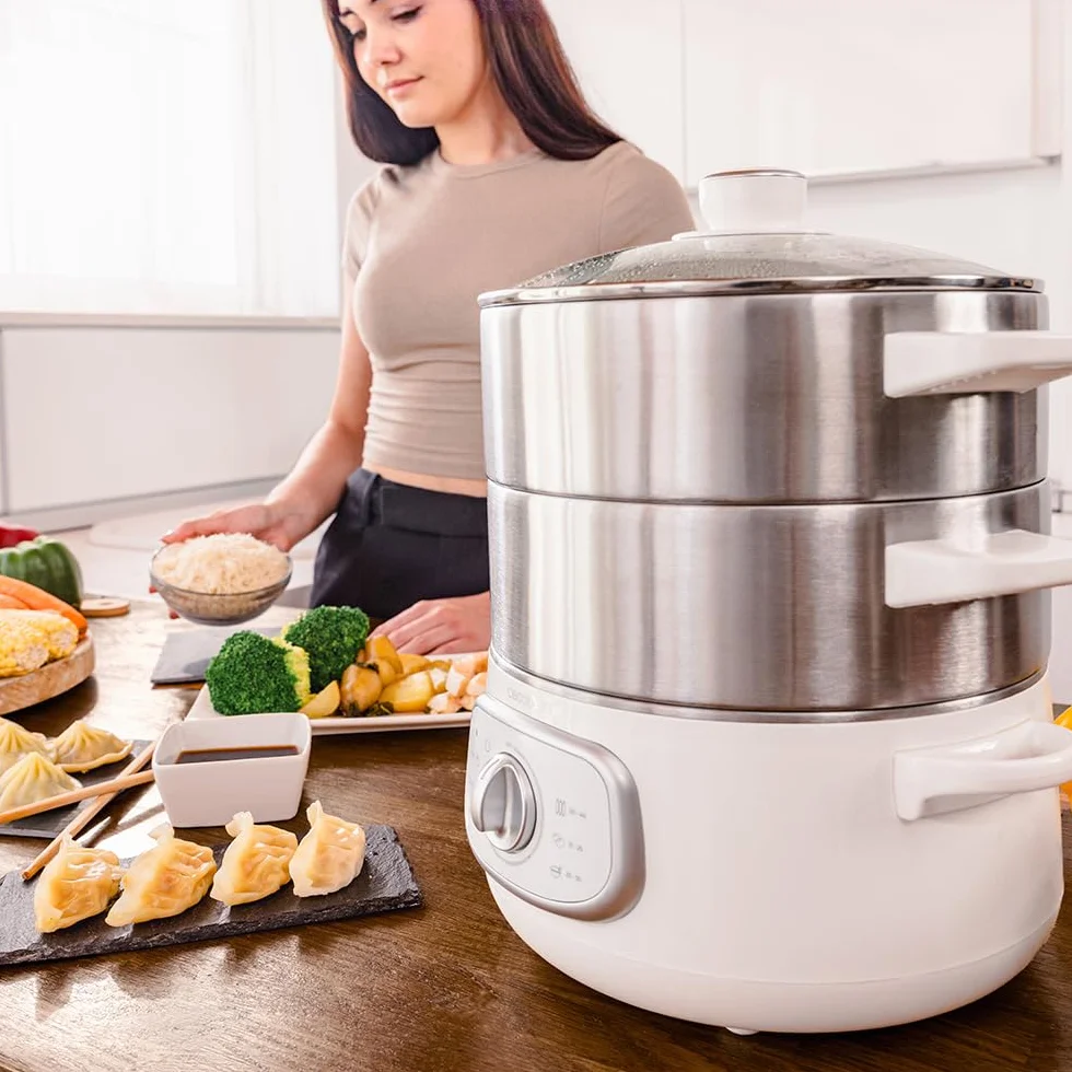 Cecotec Elektryczny parowar Vapovita Steelpot biały. Moc 1300 W, pojemnik ze stali nierdzewnej, 10 l, regulowany czas, automatyczne wyłączanie, łatwe czyszczenie, specjalna pokrywka, zdrowe gotowanie