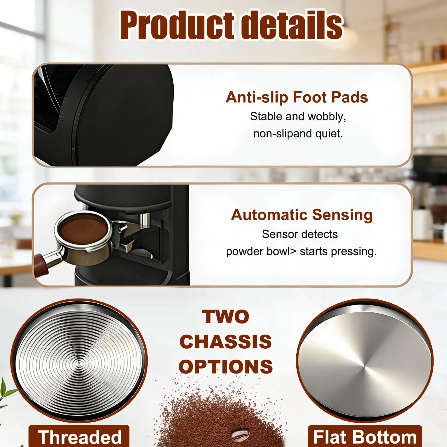 Ubijak do Kawy 58 Mm, Automatyczna Elektryczna Prasa do Kawy Ziarnistej Espresso, Nacisk 5-30 Kg, Regulowany Czas Ubijania od 1 do 3 Black-Threaded