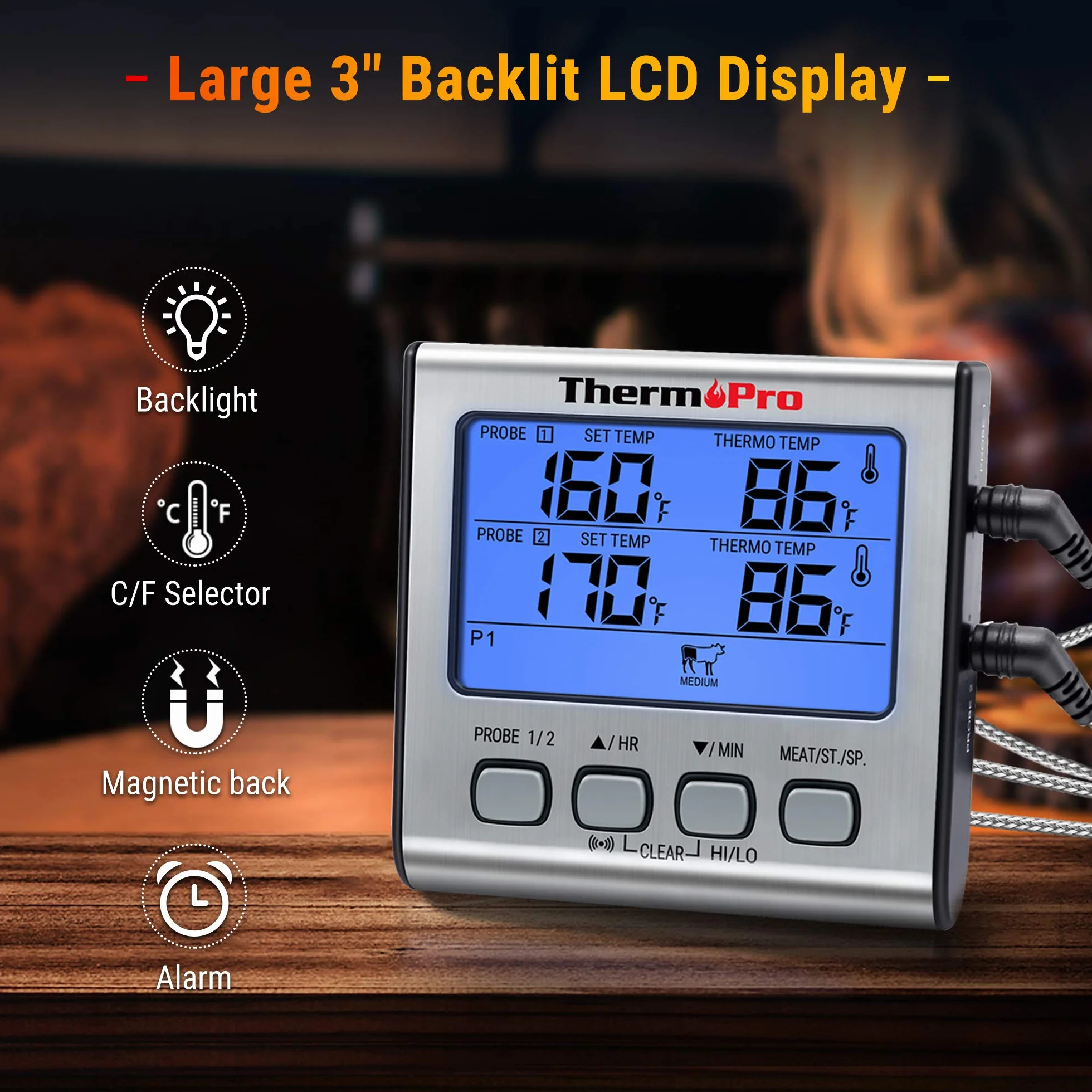 ThermoPro TP17 Cyfrowy termometr do mięsa Termometr do żywności Podwójne sondy temperatury żywności do palacza Piekarnik kuchenny Duży termometr kuchenny z podświetleniem LCD z alarmem czasowym