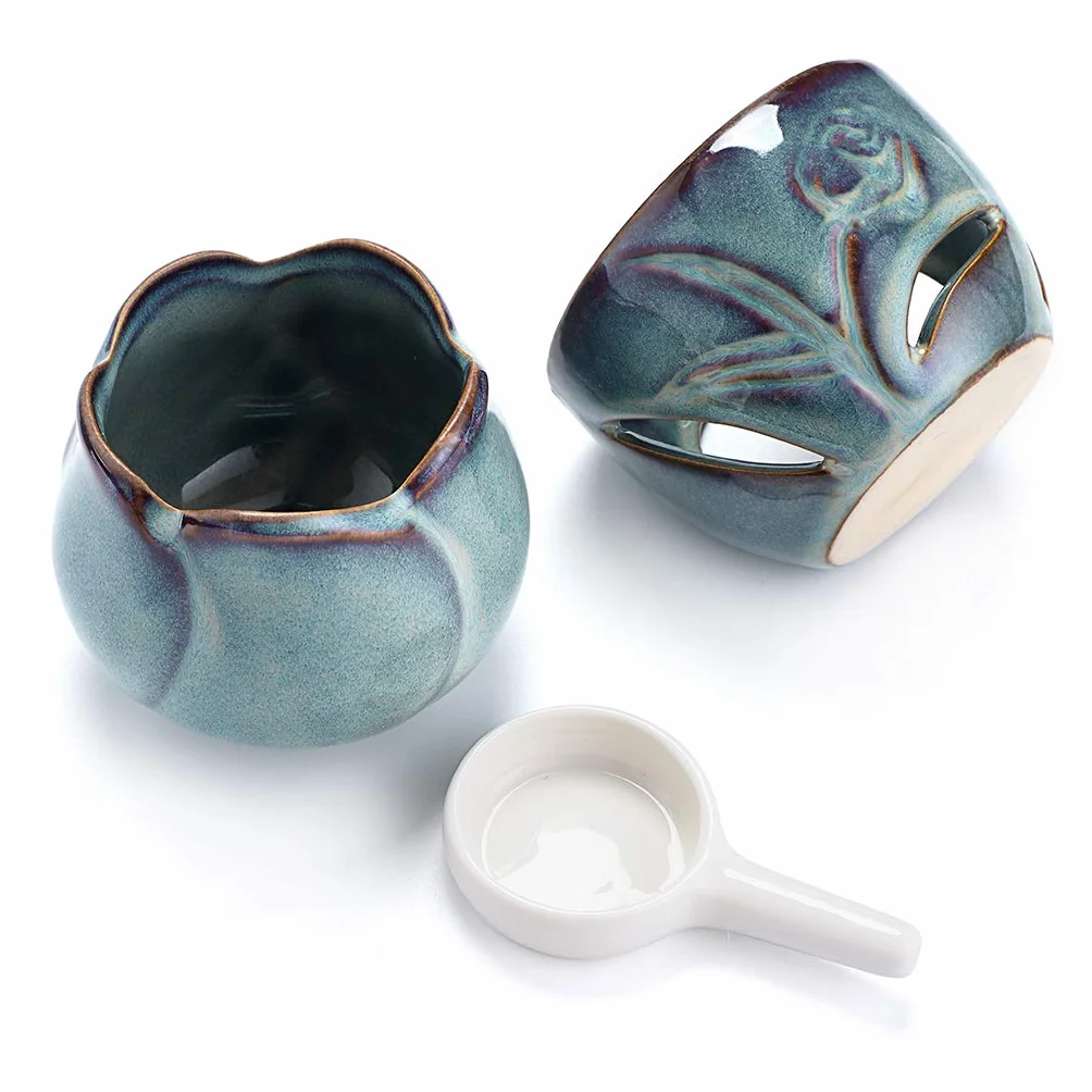 BSTKEY Ceramiczny palnik na olejki eteryczne z łyżeczką do świec, dekoracyjny świecznik, wzór kwiatowy, niebieski