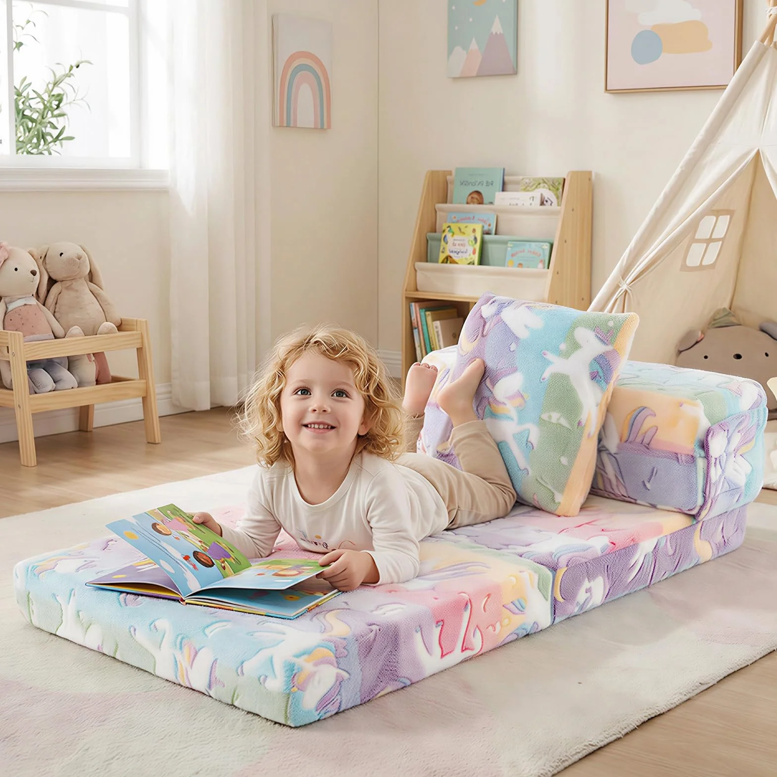 COSTWAY Sofa dziecięca 3 w 1 świecąca w ciemności, składany fotel z poduszką i zdejmowanym pokrowcem, wyściełana sofa do zabawy z funkcją spania do pokoju dziecięcego, kolorowy
