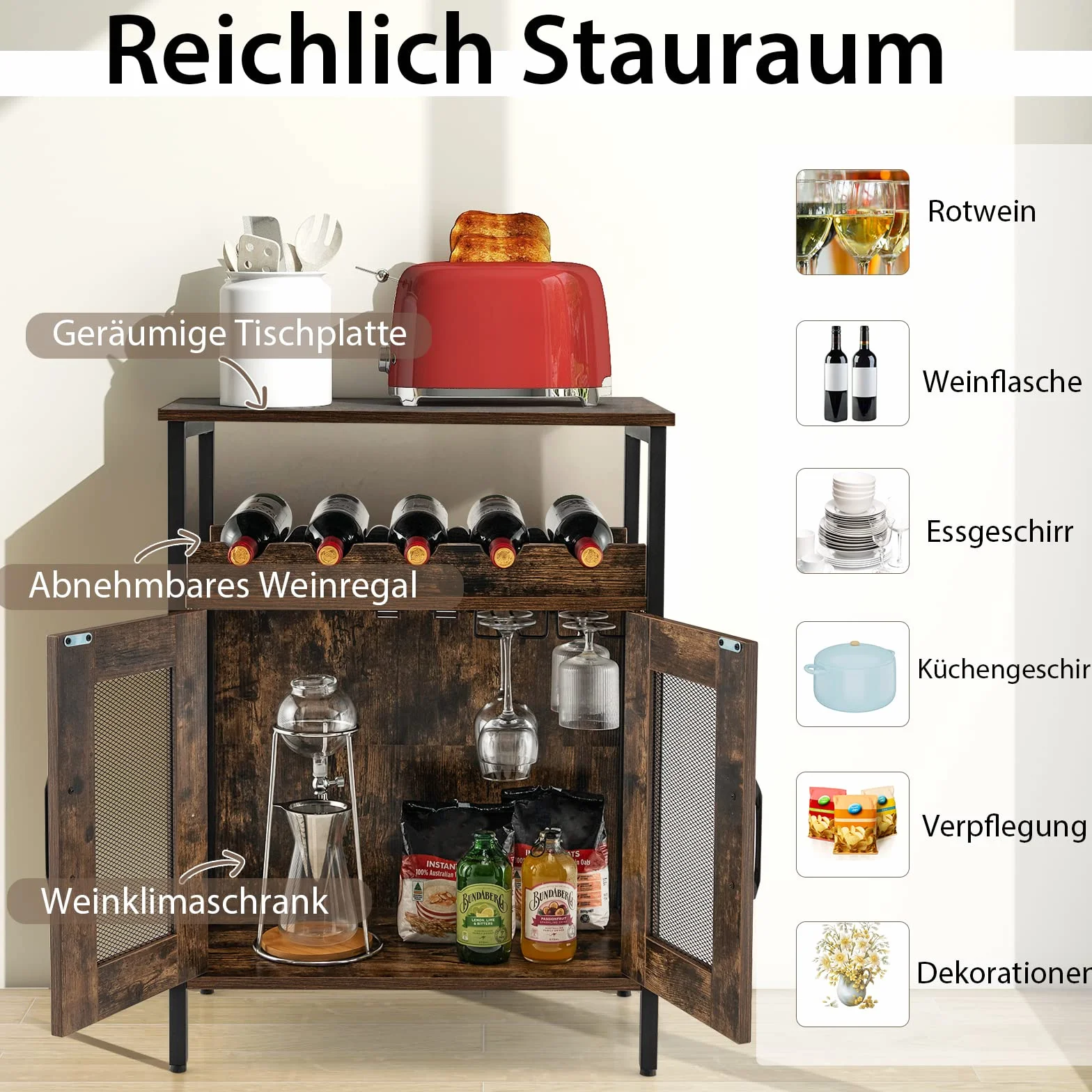 COSTWAY Szafka na wino w stylu vintage ze zdejmowanym regałem na wino i wbudowanymi uchwytami na szkło, komoda drewniana, komoda 60 x 34 x 79 cm