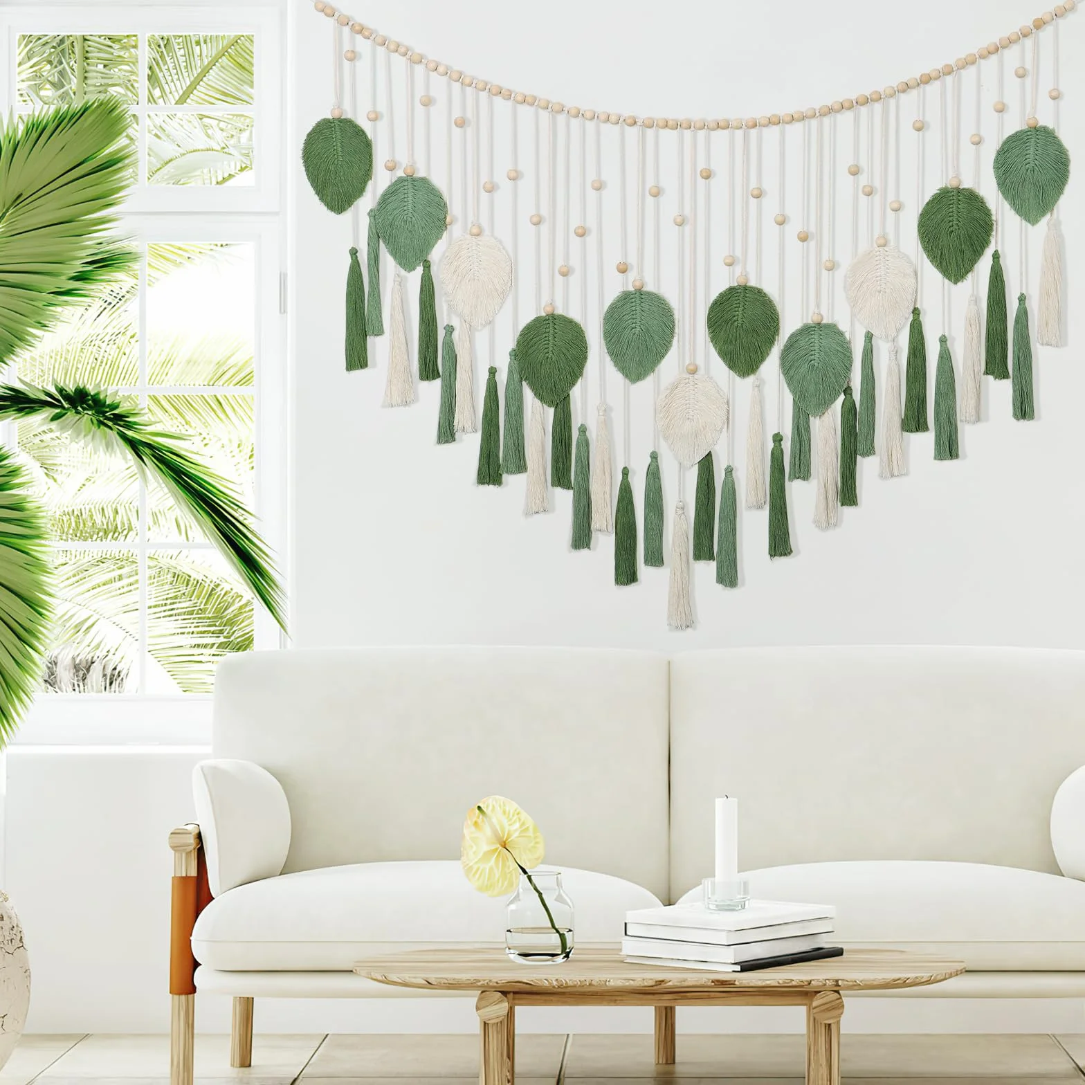 Dremisland Makrama Gobelin ścienny beżowy zielony liście frędzle drewniane koraliki 130x80 cm