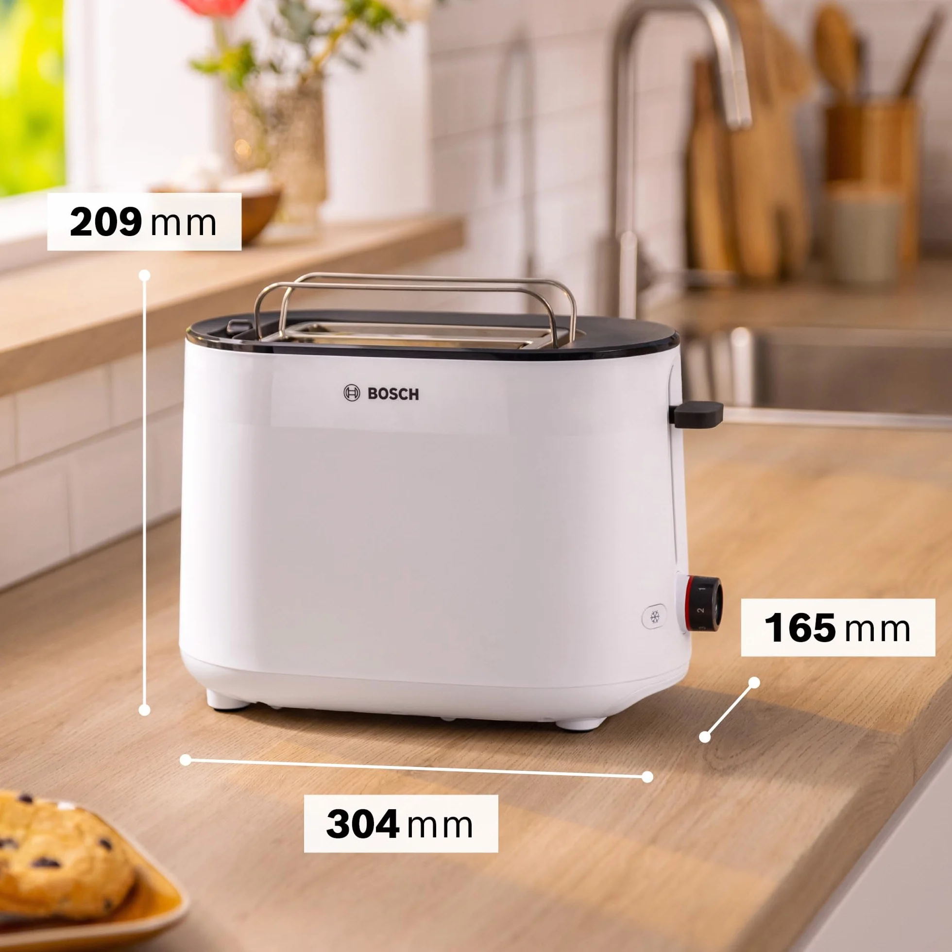 Bosch, toster, MyMoment, pojemnik na 2 kromki, podgrzewanie, rozmrażanie, ruszt na bułki, funkcja wysokiego podnoszenia, automatyczne wyłączanie, biały, TAT2M121