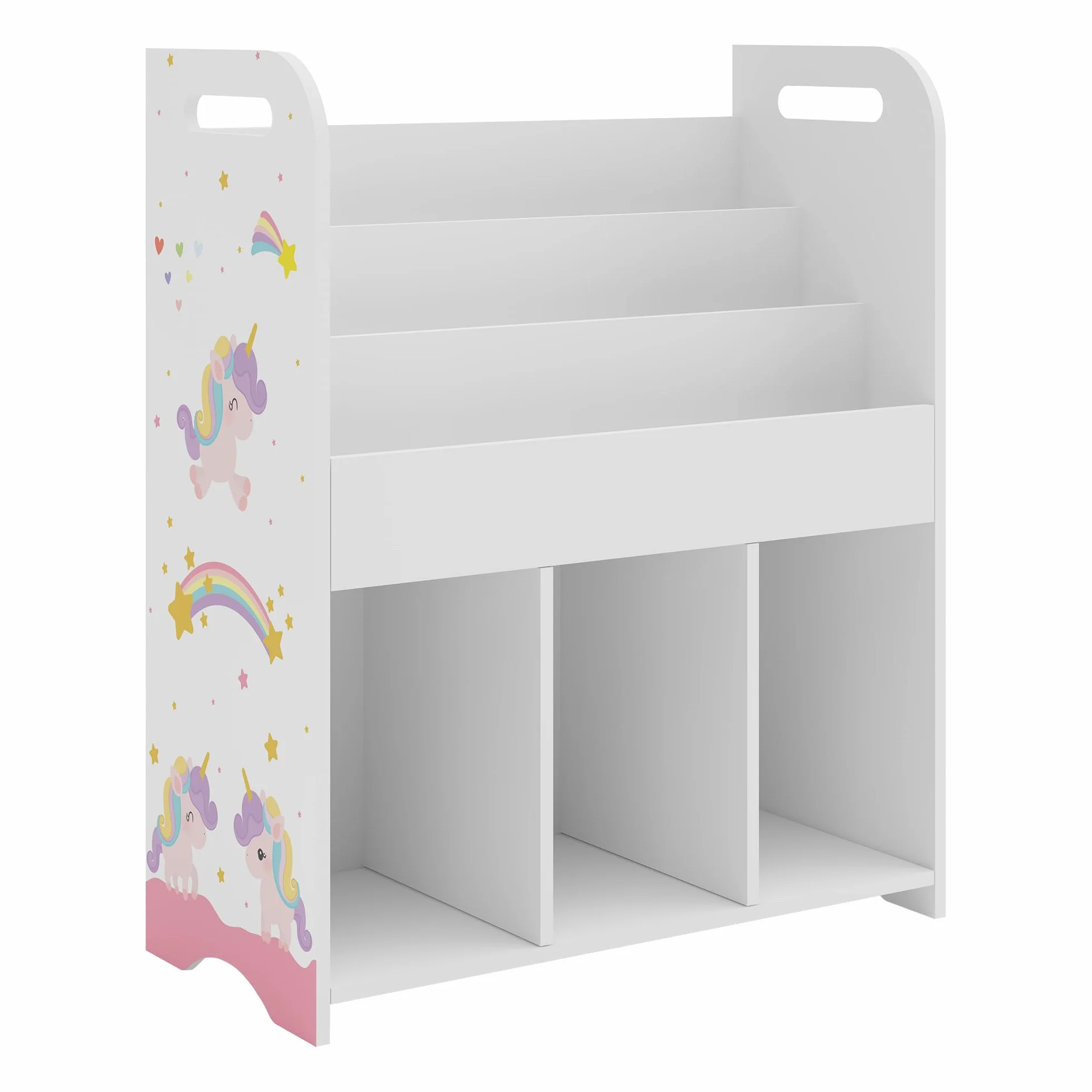 [en.casa] Regał dziecięcy Røyrvik regał na książki dla dzieci z 6 otwartymi półkami, regał na zabawki 75 x 62 x 29 cm, przechowywanie zabawek, motyw jednorożca