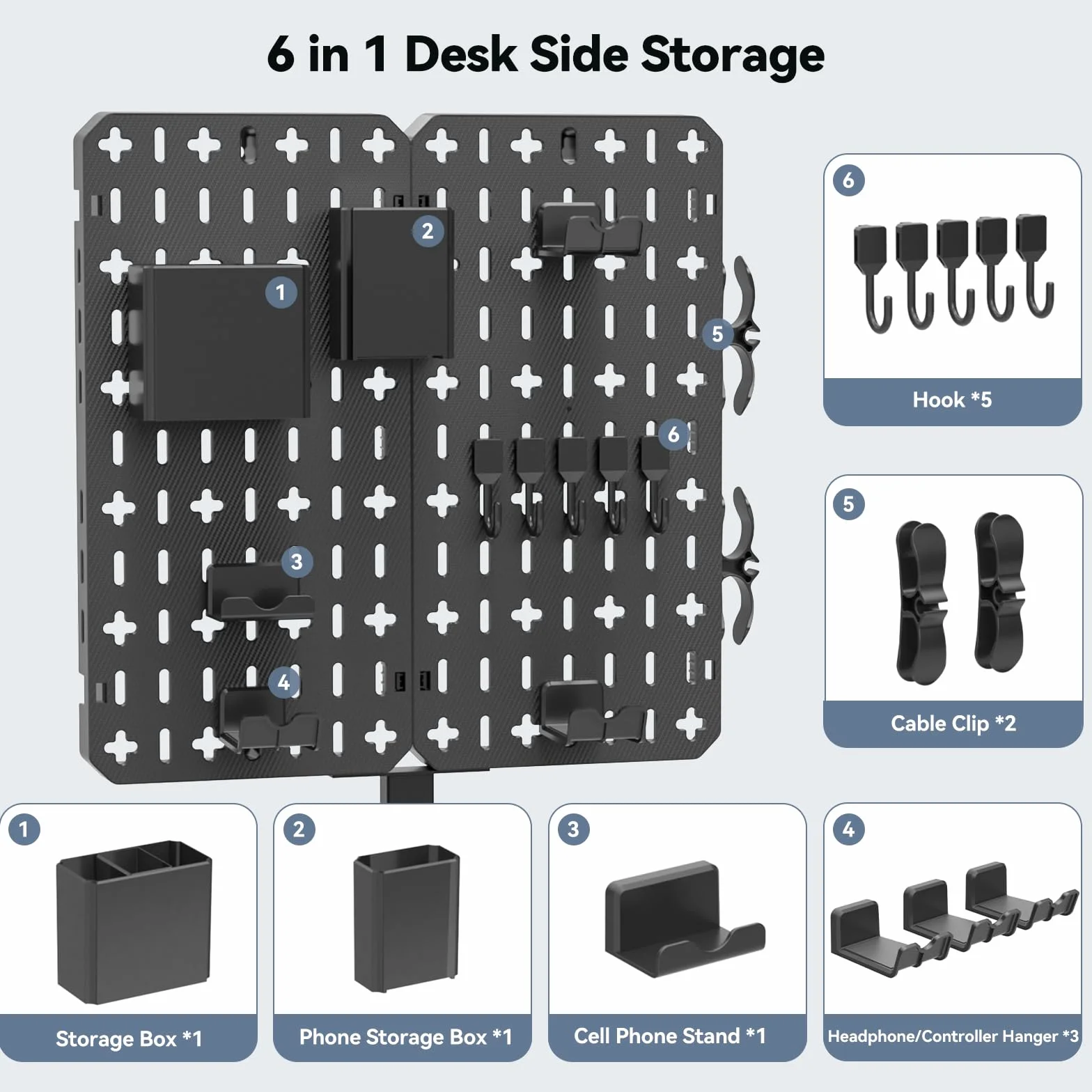 KDD Pegboard biurkowy 7 w 1 – bez wiercenia, tablica wtykowa do zaciskania z uchwytem na telefon komórkowy/długopis/uchwyt na słuchawki i kontroler/hakiem, zdejmowana płytka perforowana do warsztatu