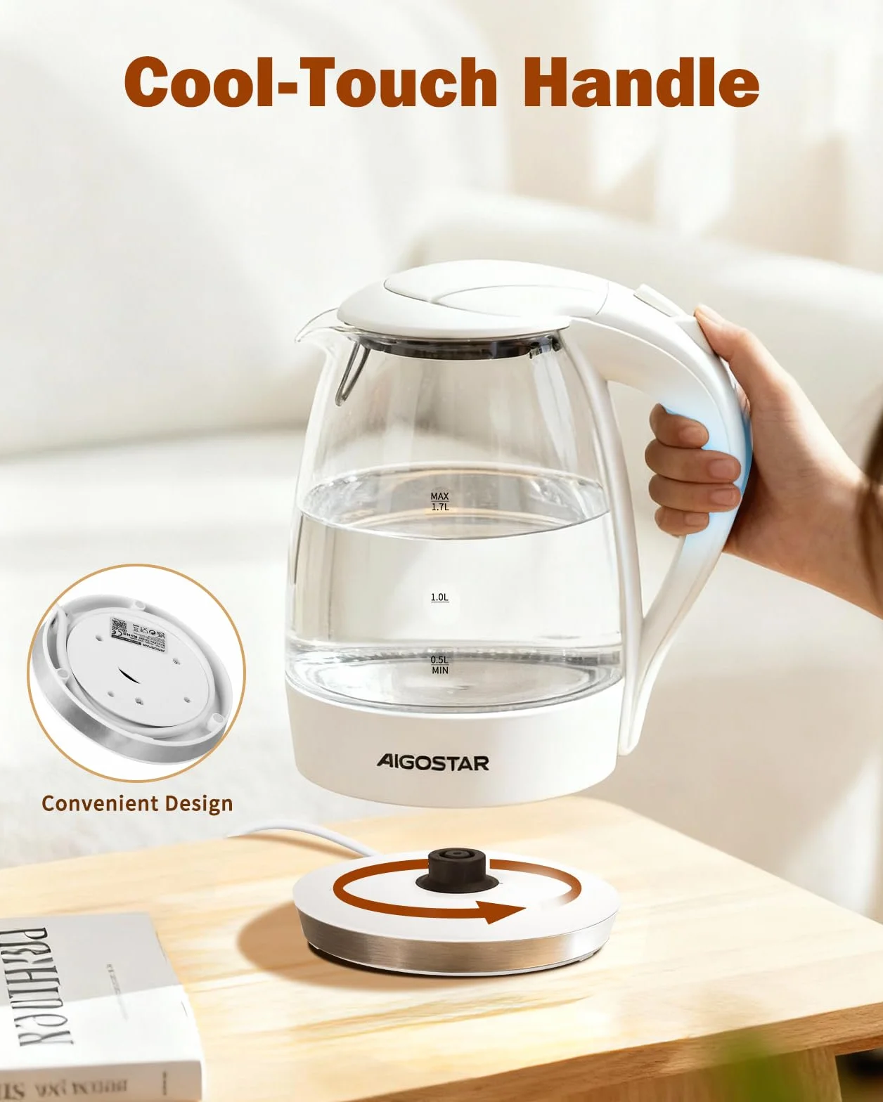 Aigostar Eve 30GON- Szklany czajnik z podświetleniem LED, 2200W, 1.7 L. Zabezpieczenie przed przegrzaniem, BPA Free, Biały ekskluzywny projekt