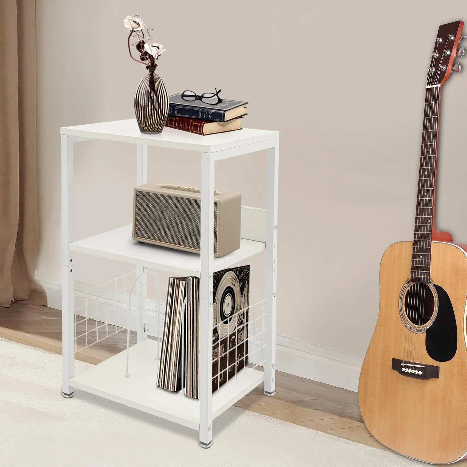 3-poziomowy uchwyt na gramofon, stół do odtwarzacza dysków, przechowywanie płyt winylowych do 100 albumów, maks. obciążenie 45 kg, stojak na płyty do salonu, sypialni, biura (biały)