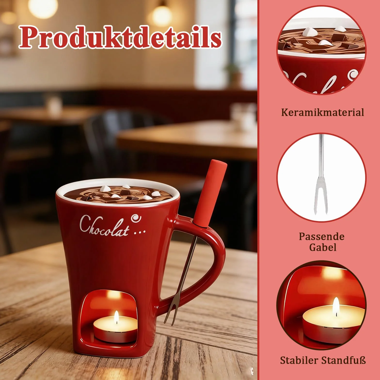 Czerwona filiżanka do fondue czekoladowego z widelcem, ceramiczny zestaw do fondue czekoladowego, 130 ml, mini kubek do fondue czekoladowego, wielofunkcyjny, do sera, czekolady, masła i pianek