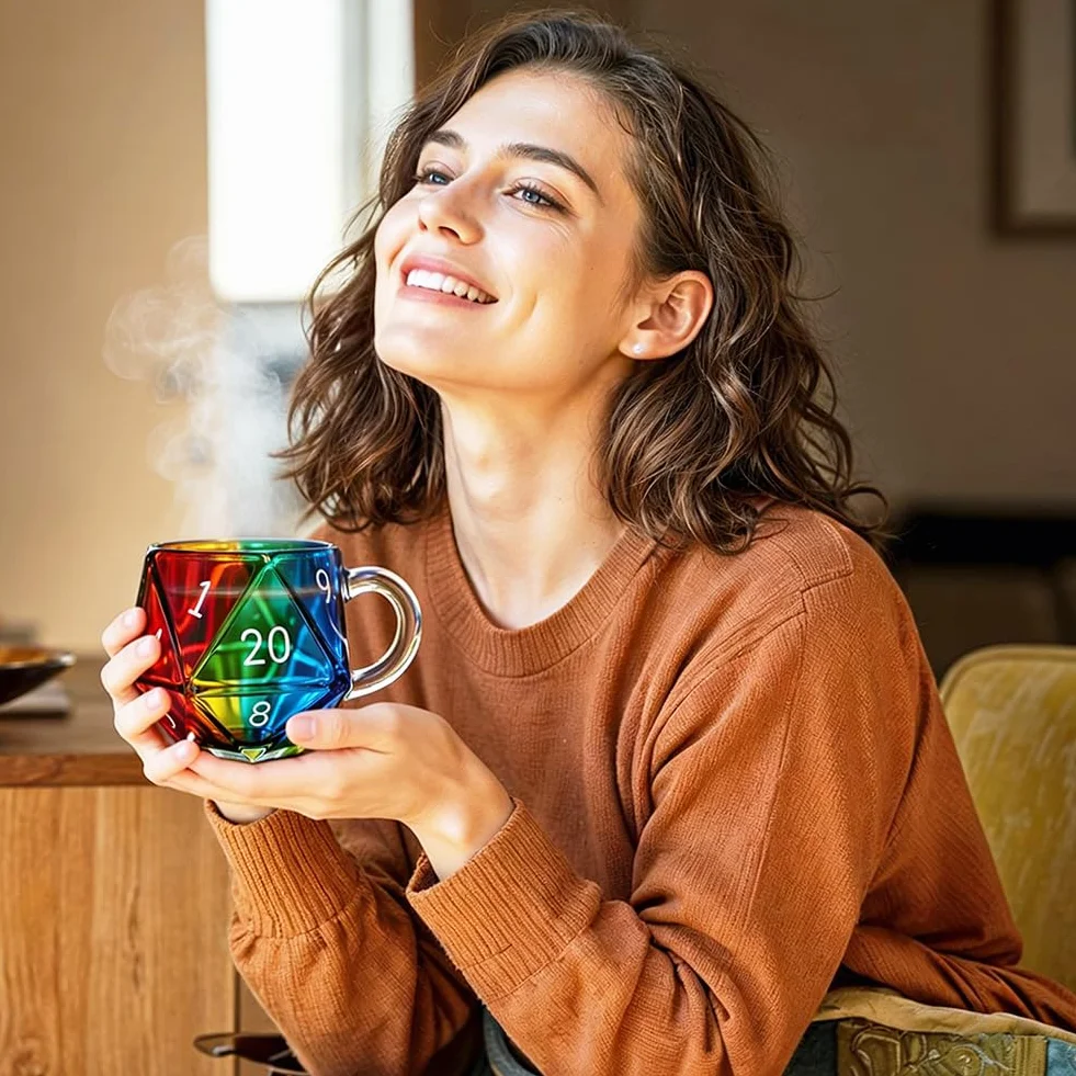 DASIAUTOEM Filiżanka do kawy z wielościenną kostką, D20, ceramiczna, 350 ml, z uchwytem, prezent dla fanów RPG i fantasy
