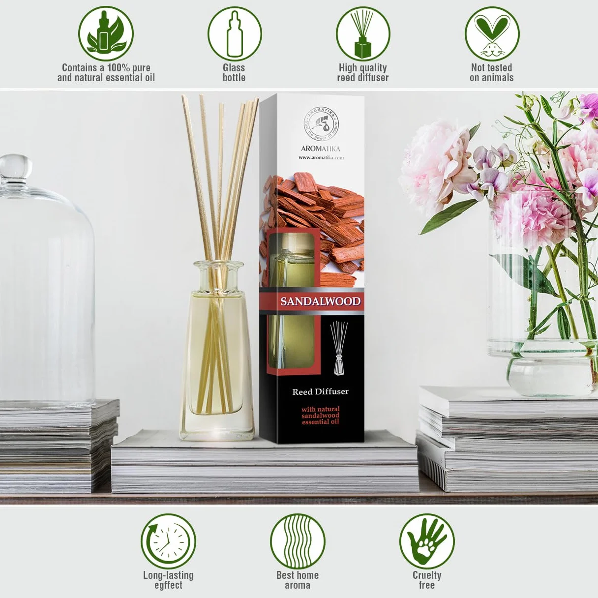 Dyfuzor Zapachowy z Patyczkami Sandał - 100 ml - Dyfuzor z Naturalnym Olejkiem z Drzewa Sandałowego - Zapach do Domu - Dyfuzory Trzcinowe - Odświeżacz z Patyczkami - Drzewo Sandałowe