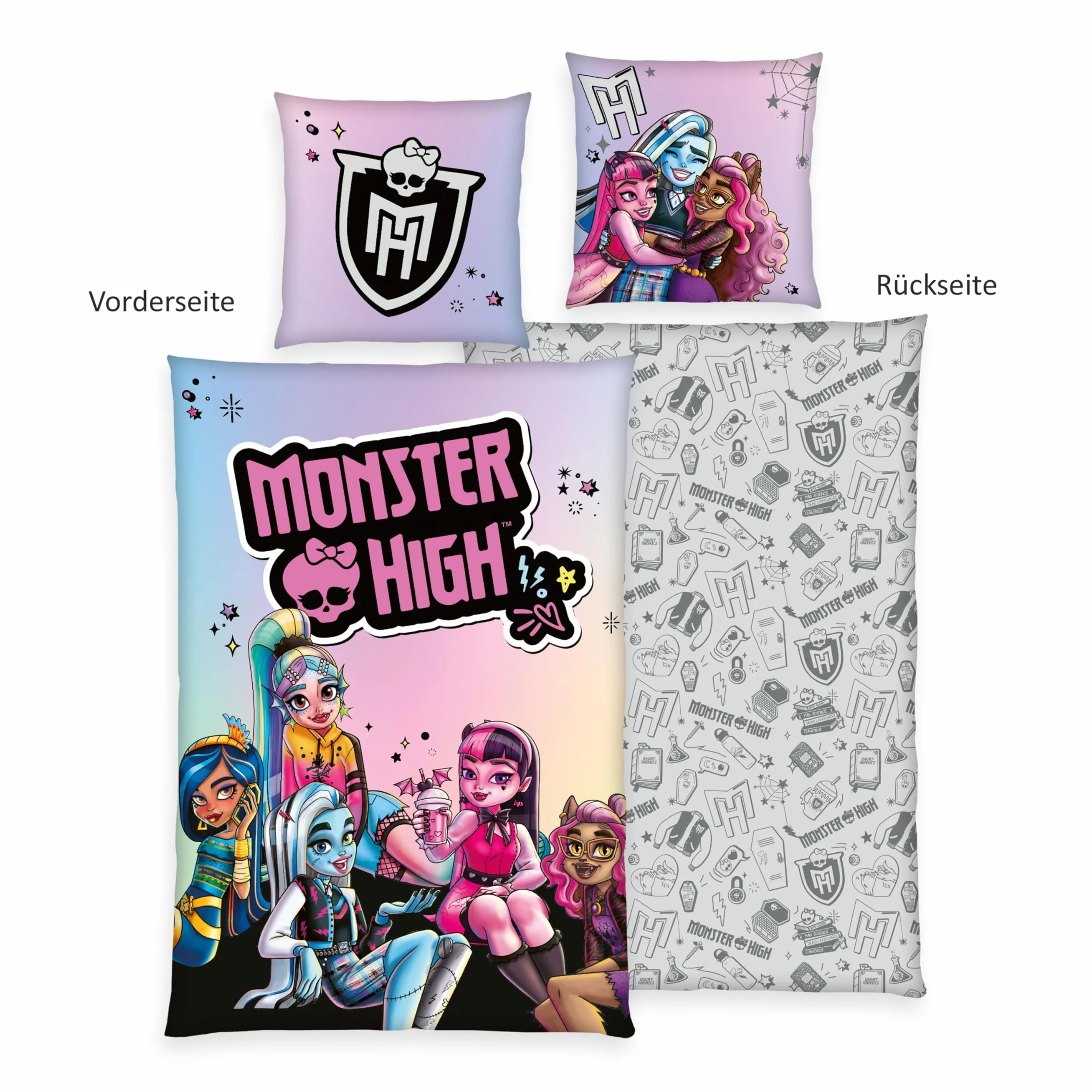 Monster High Pościel, poszewka na poduszkę ok. 70 x 90 cm, poszwa na kołdrę ok. 140 x 200 cm, z lekko poruszającym się zamkiem błyskawicznym, 100% bawełna, Renforcé
