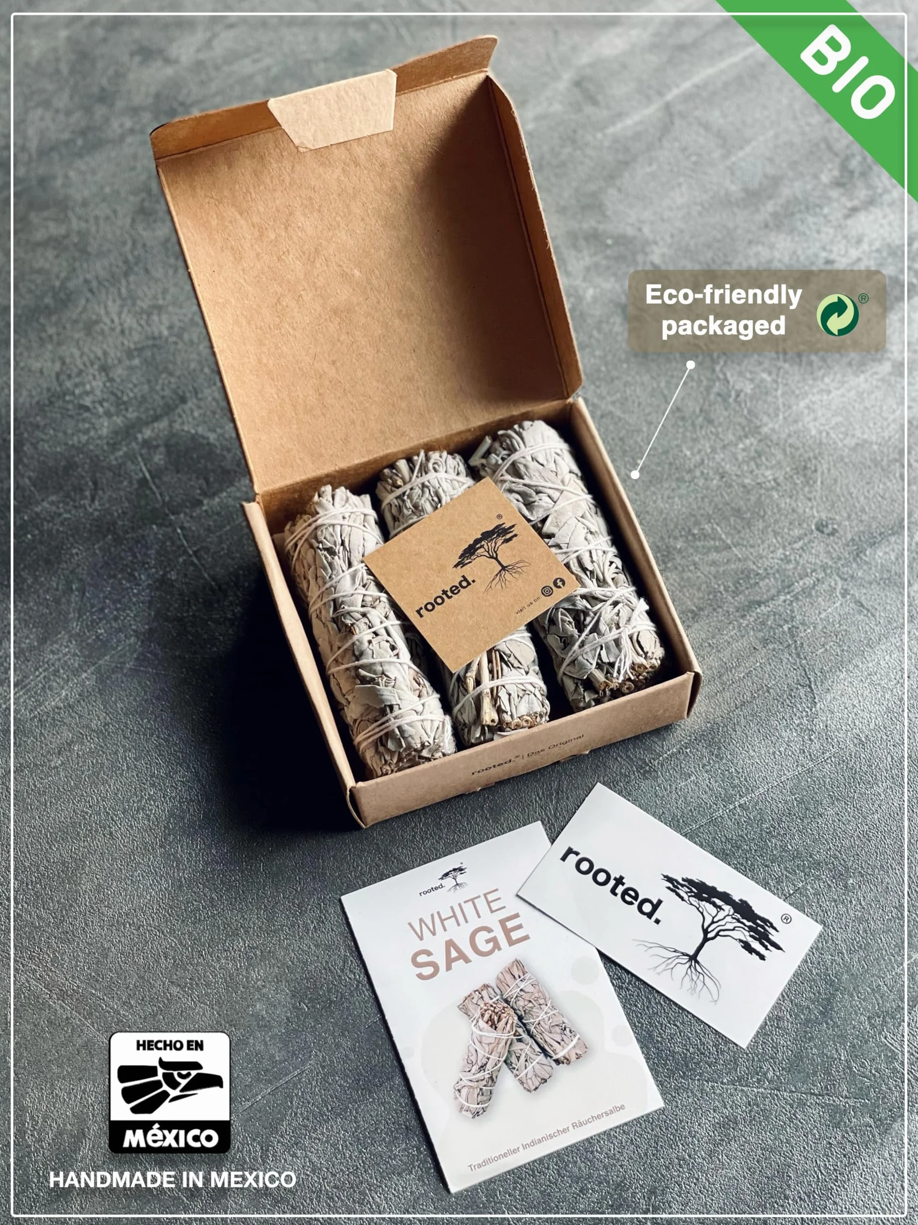 rooted.® | Oryginał | Biała szałwia | 3 pęczki kalifornijskiej szałwii | Premium Smudge Sticks | Indiańska szałwia do okadzania | 100% kontrolowane i zrównoważone zbiory