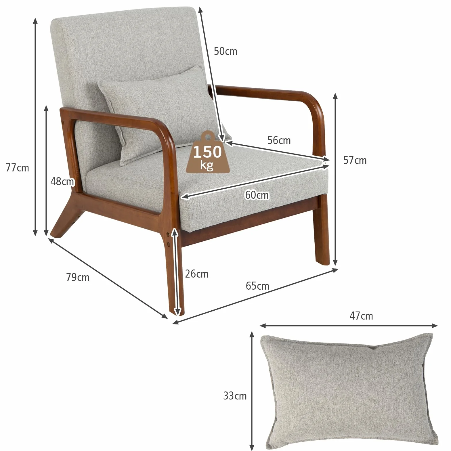 COSTWAY Fotel do salonu, tapicerowany, nowoczesne krzesło, drewno, z podłokietnikami, jednoosobowa sofa do salonu, sypialni, 65 x 79 x 77 cm, szary