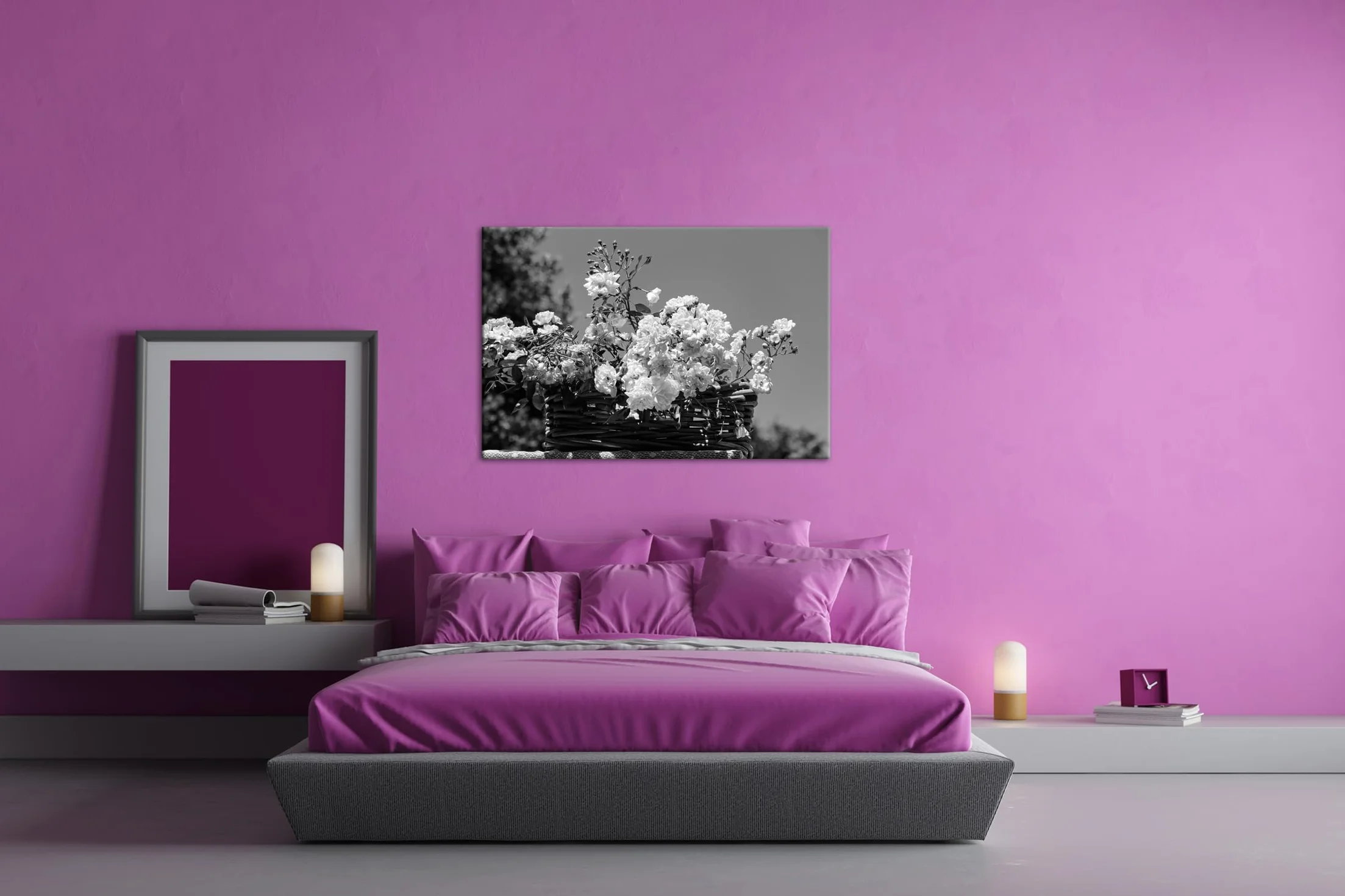 deyoli Przepiękny kosz na róże format: 90 x 60 cm efekt: czarno-biały jako obraz na płótnie, motyw oprawiony na ramie z prawdziwego drewna, wysokiej jakości druk cyfrowy z ramą