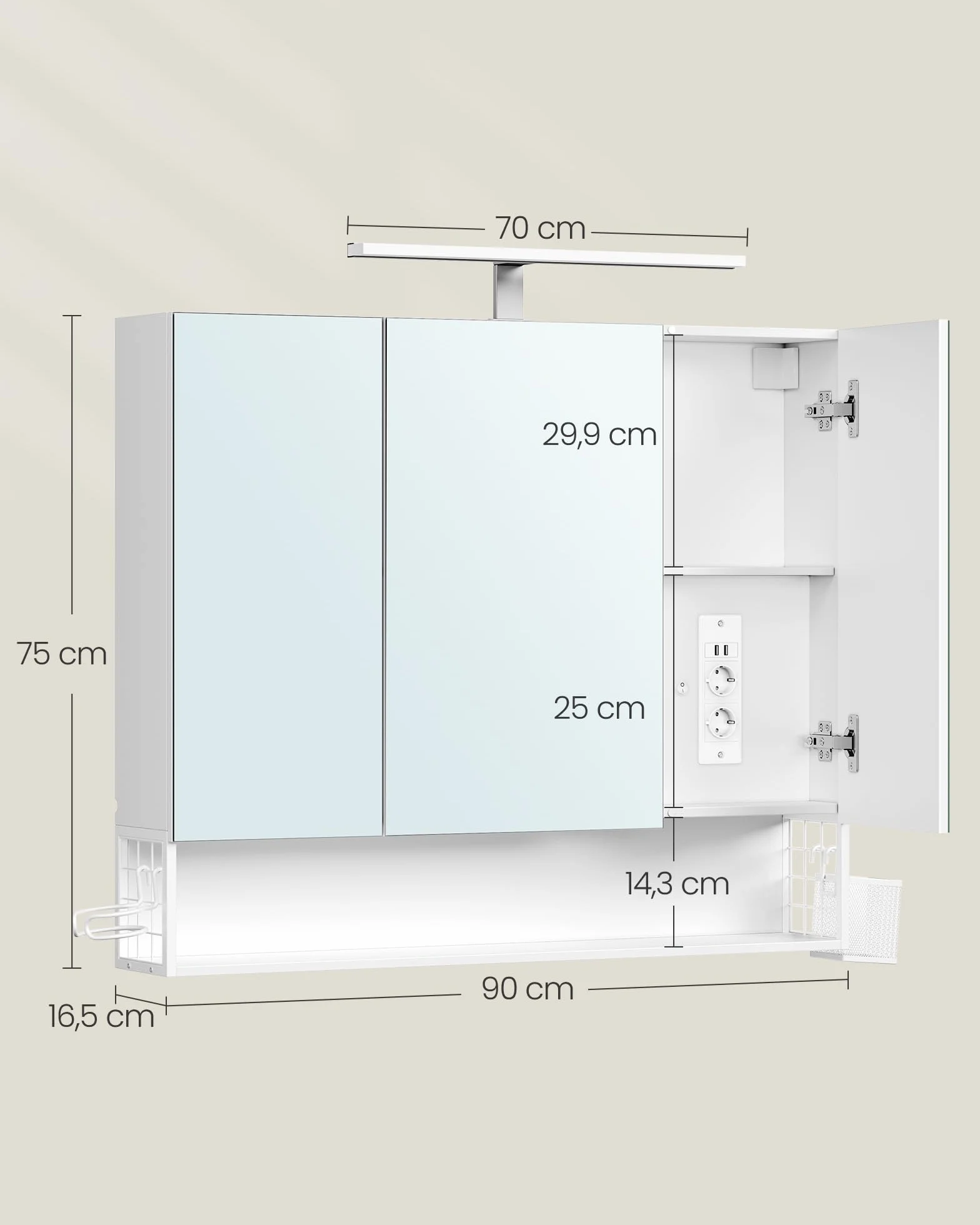 VASAGLE Szafka łazienkowa z 3 drzwiami, szafka z lustrem, szafka ścienna, gniazdka, stojak na suszarkę, dużo miejsca do przechowywania w łazience, 16,5 x 90 x 75 cm, chmurna biel BBK136W01